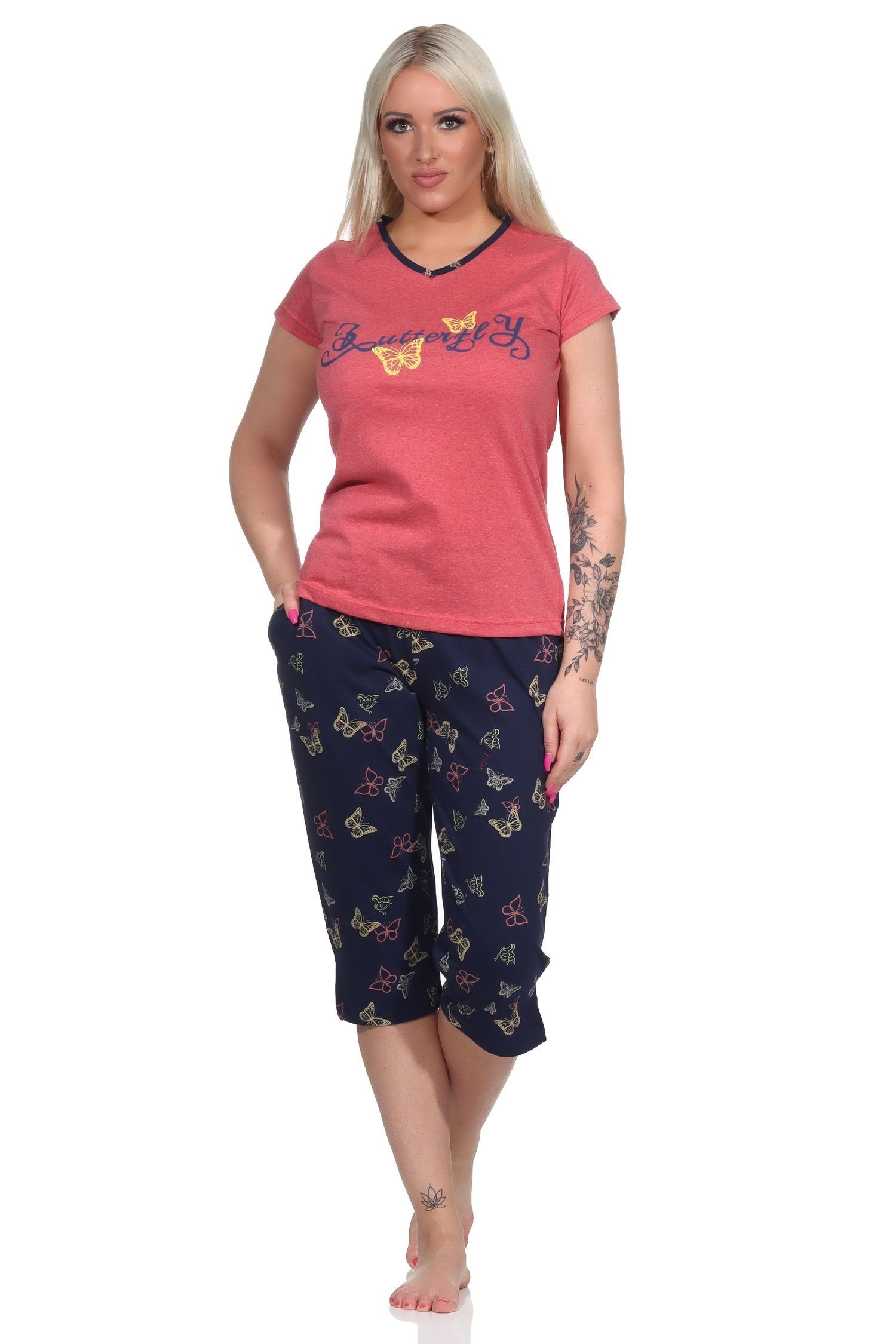 Capri kurzarm Pyjama Schlafanzug Normann Motiv rot Damen als Schmetterling mit