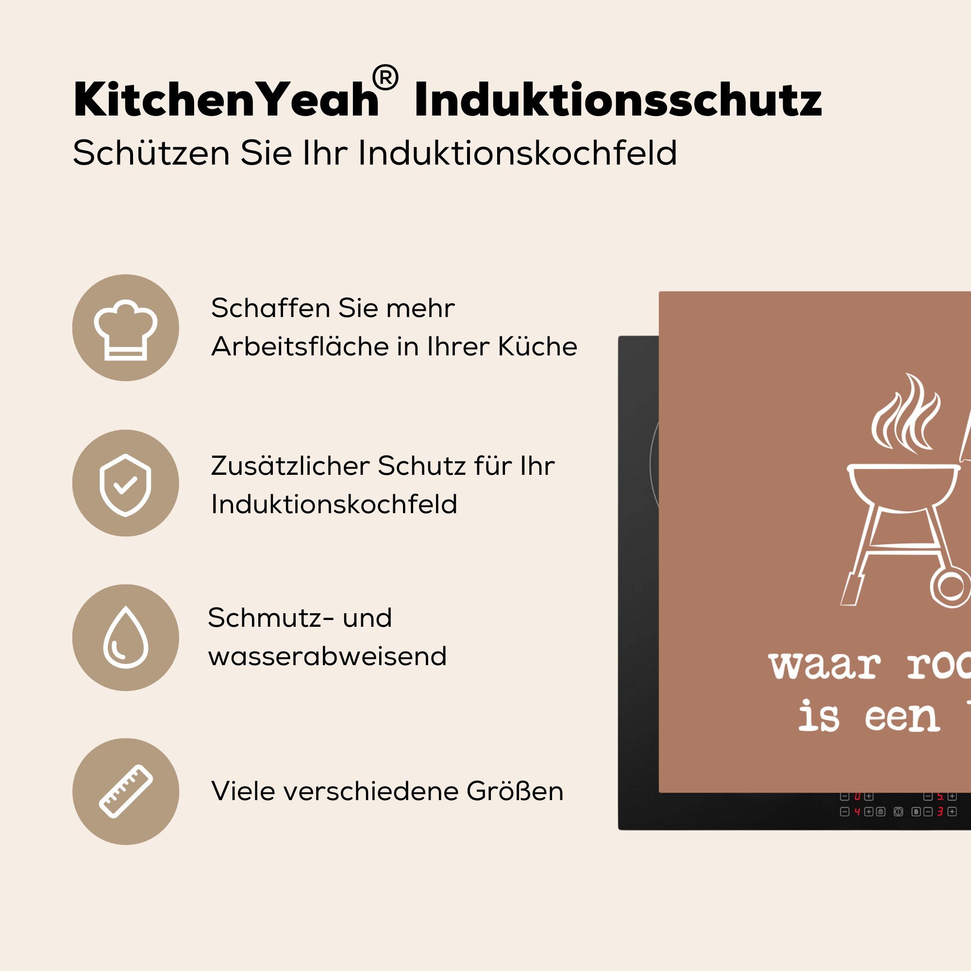 Grill' ist küche auch - 78x78 (1 Zitate, 'Wo Rauch cm, Vinyl, Ceranfeldabdeckung, tlg), Herdblende-/Abdeckplatte Sprichwörter ist, MuchoWow Arbeitsplatte für -