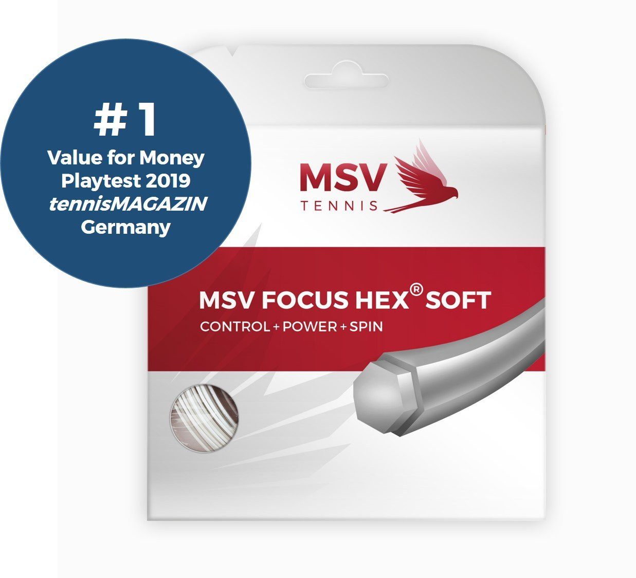 MSV Tennissaite Focus Hex Soft (Haltbarkeit+Kontrolle+Power+Spin) weiss 12m Set, Saitendicke: 1.30