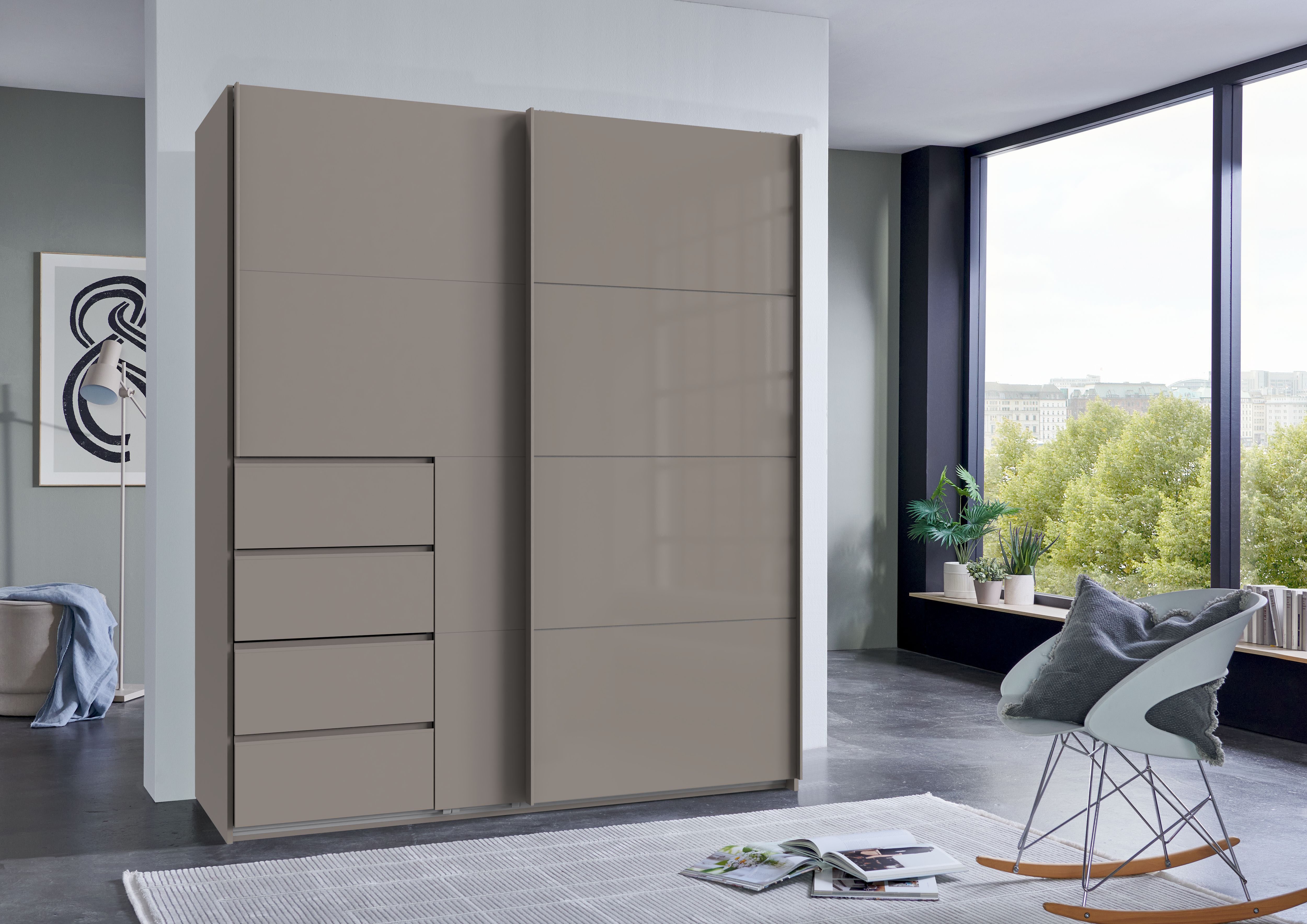 Wimex Schwebetürenschrank Bali in den Breiten 180cm, 225cm & 270cm, Schrank mit Glaselement Kleiderschrank erhältlich in den Farben; grafit und saharagrau