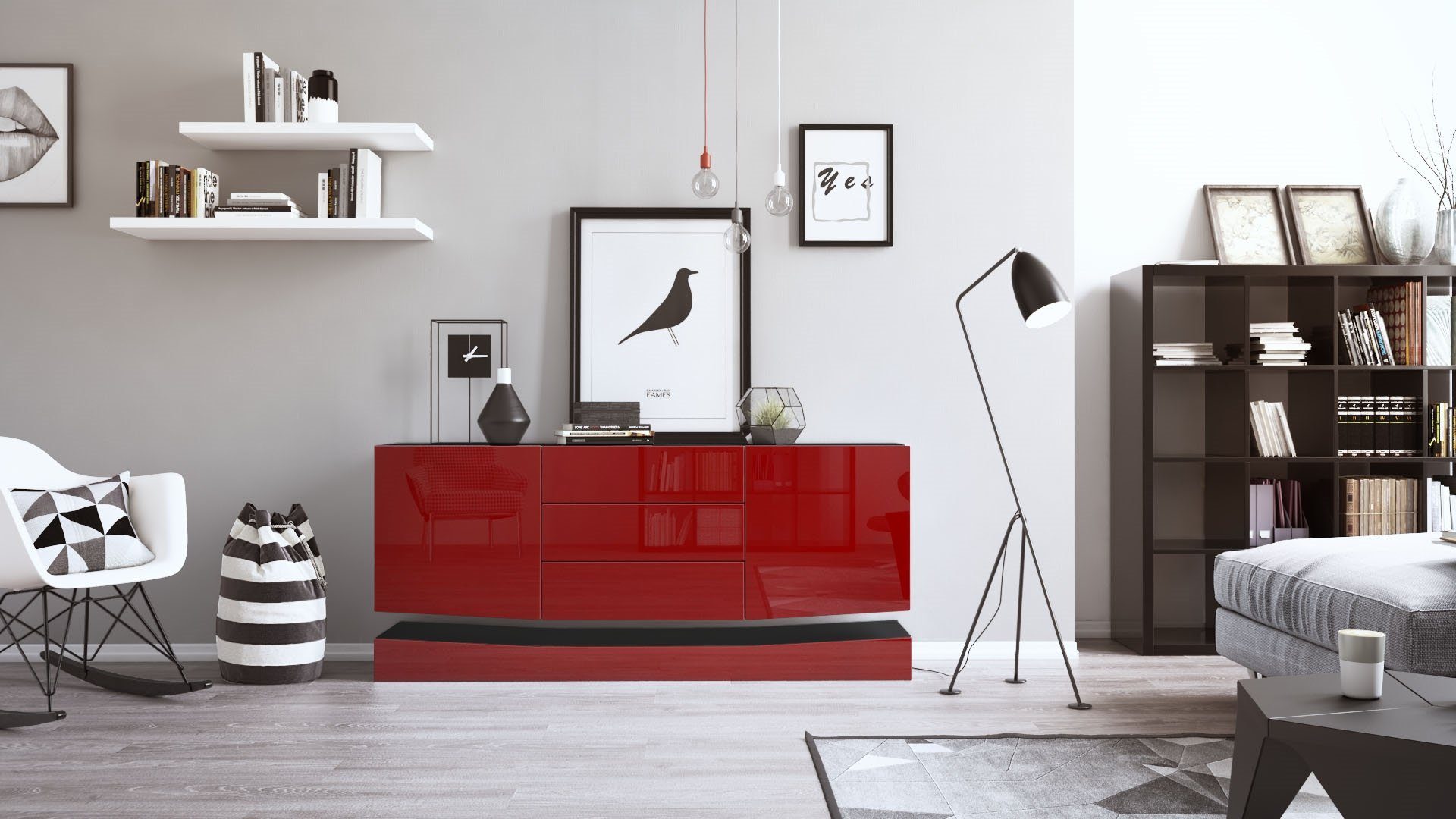 Vladon Sideboard City (Kommode, mit 2 Türen und 3 Schubladen), Schwarz matt/Bordeaux Hochglanz (178 x 72 x 38 cm)