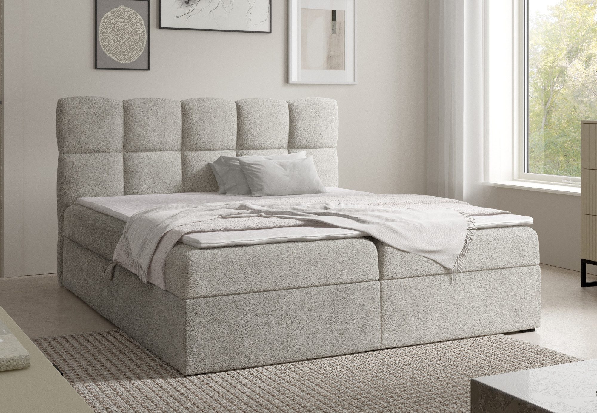 Home Collective Boxspringbett Polsterbett Doppelbett Bett mit Stauraum und Topper, viele Größen (Verfügbare Größen: 120x200, 140x200, 160x200, 180x200, 200x200 cm), bodennahe Optik modernes Design mit Kassettensteppung Hellgrau