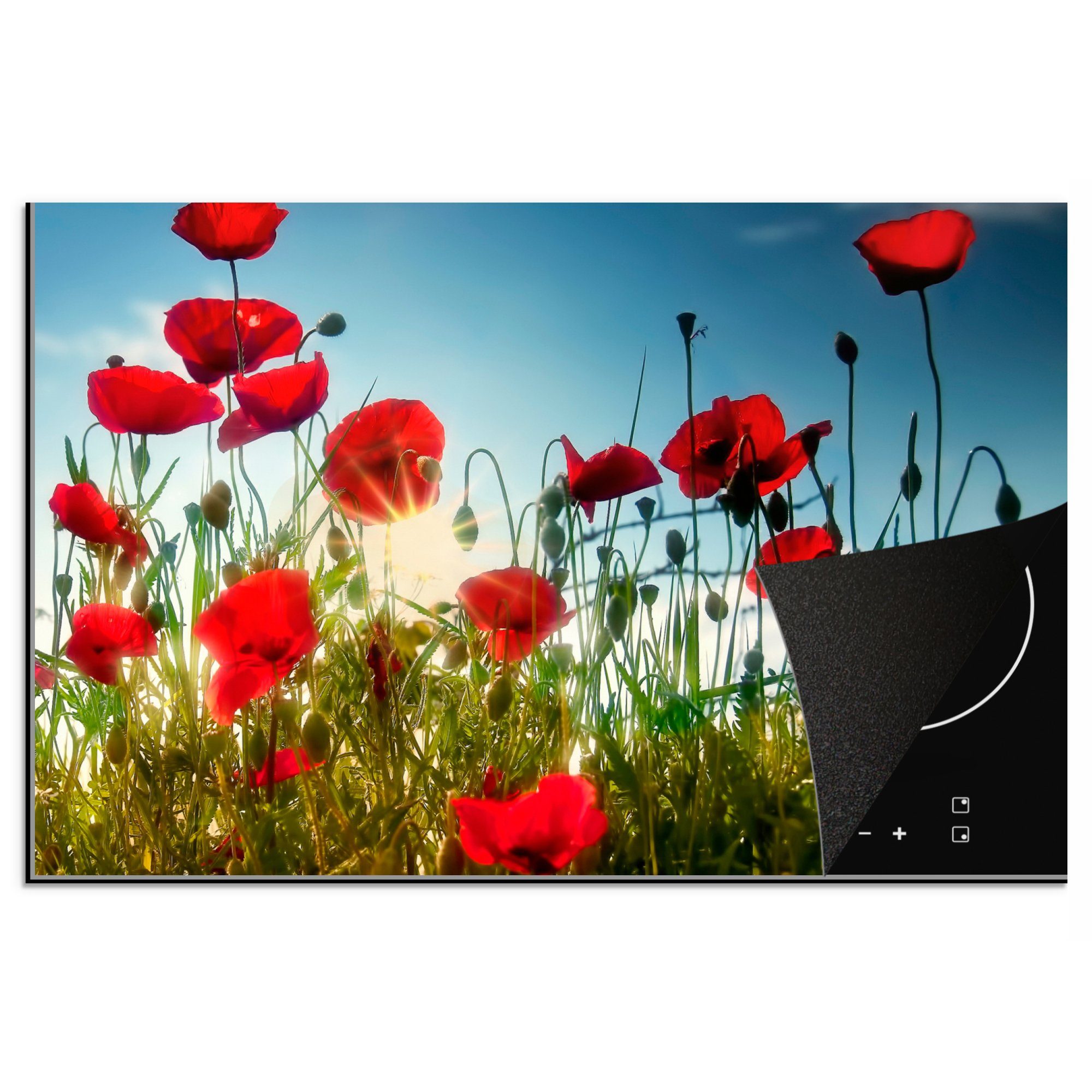 MuchoWow Herdblende-/Abdeckplatte Mohnblumen cm, 81x52 tlg), Vinyl, für Ceranfeldabdeckung, küche Arbeitsplatte - Rot - Sonne (1 - Blau, - Toskana