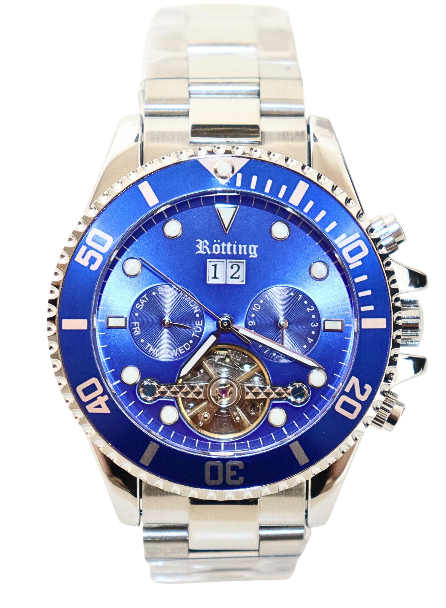 Rötting Design Automatikuhr Herrenuhr Armbanduhr Edelstahl blaues Ziffernblatt DATUM, Handgelenkumfang wählbar zwischen 18 und 22 cm