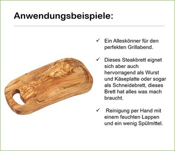 Olivenholz-erleben Schneidebrett Steakbrett naturell mit Saftrille / mit Grifflasche / 50-55cm, (1-St), antibakterielle Wirkung, schnittbeständig