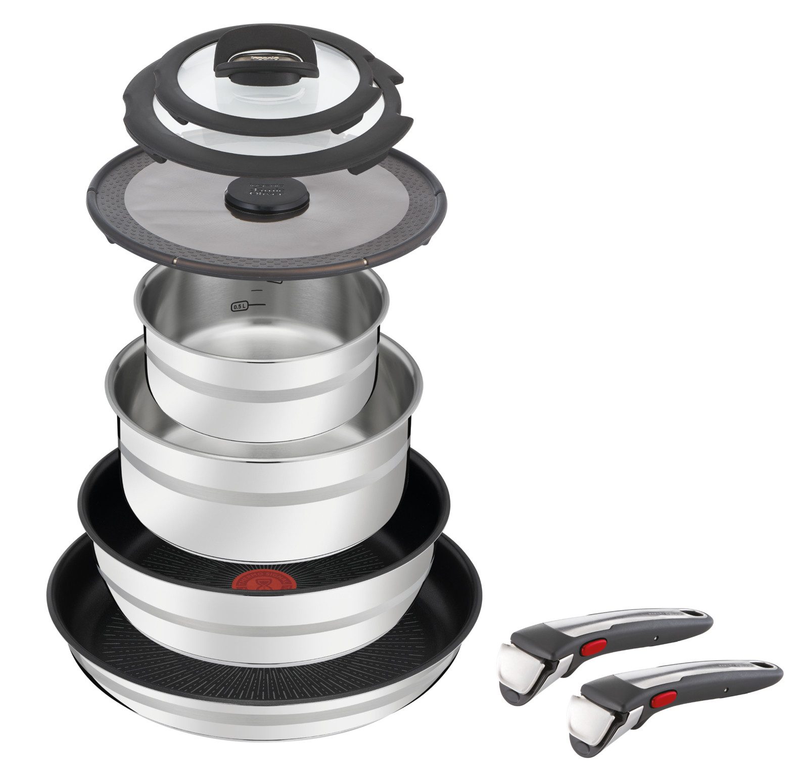 Tefal Pfannen-Set Jamie Oliver Ingenio, Pfannenset abnehmbarer Griff, antihaftversiegelt, Edelstahl (Set, 9-tlg., 2x Pfannen Ø 24/28 cm, 2x Kasserollen Ø 16/20 cm, 3x Deckel, 2x Griffe), stapelbar, platzsparend, einfache Reinigung, Induktion, L97699