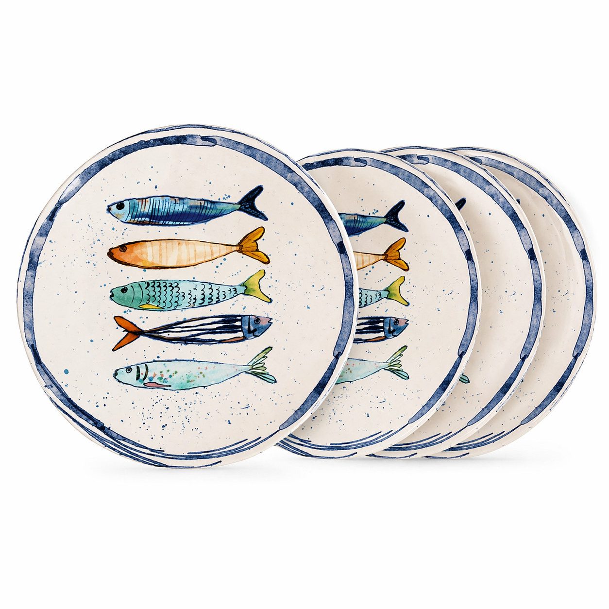 WestCraft Speiseteller Teller, mediterran mit Sardinen-Motiv, Maritime Dessertteller 20 cm, (4 St), 4er Set, hochwertig und robust - langlebig und vielseitig einsetzbar