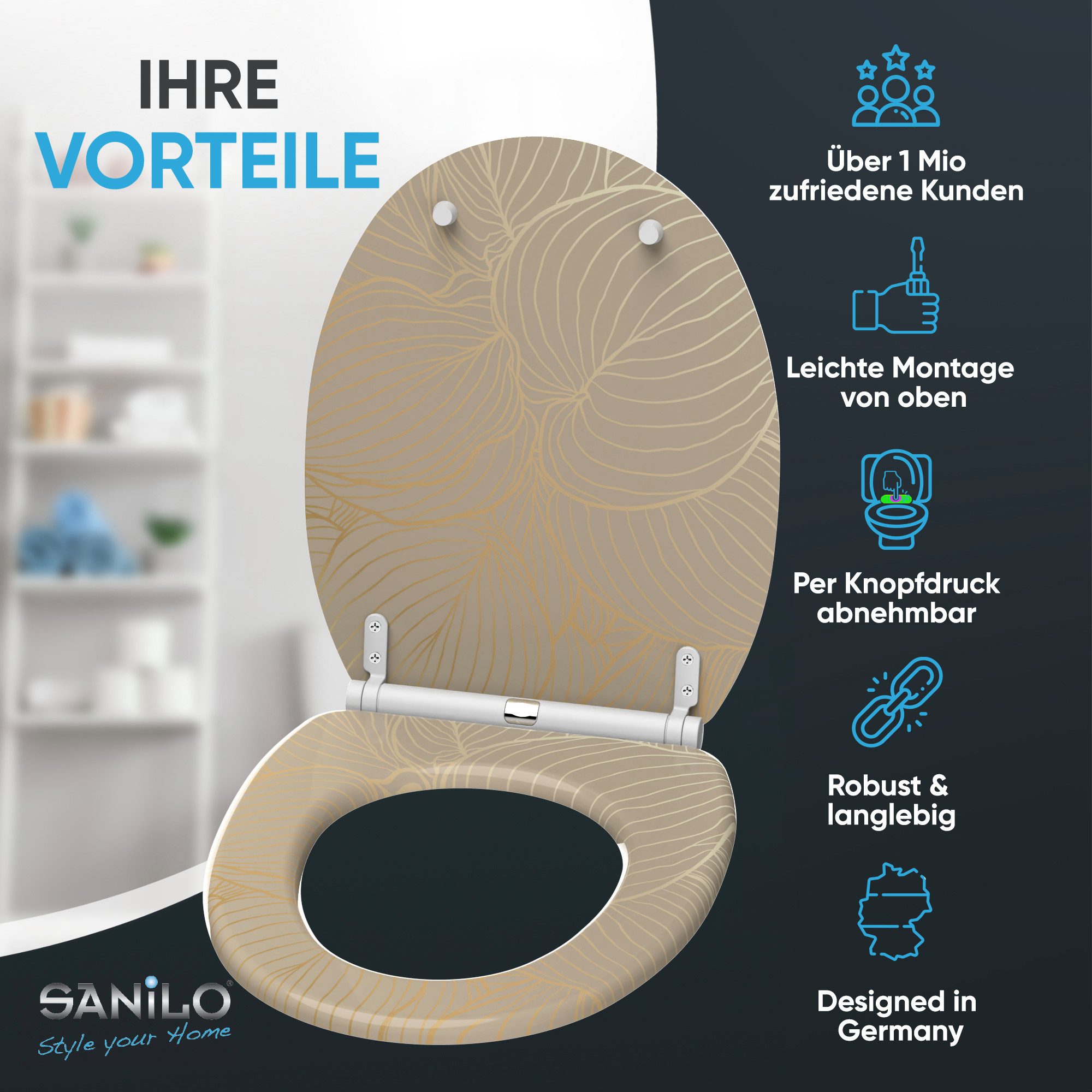 Sanilo WC-Sitz mit Absenkautomatik, viele schöne Toilettensitze direkt vom Hersteller, hochwertig, abnehmbar, leichte Montage von oben, mit Schraubenzieher