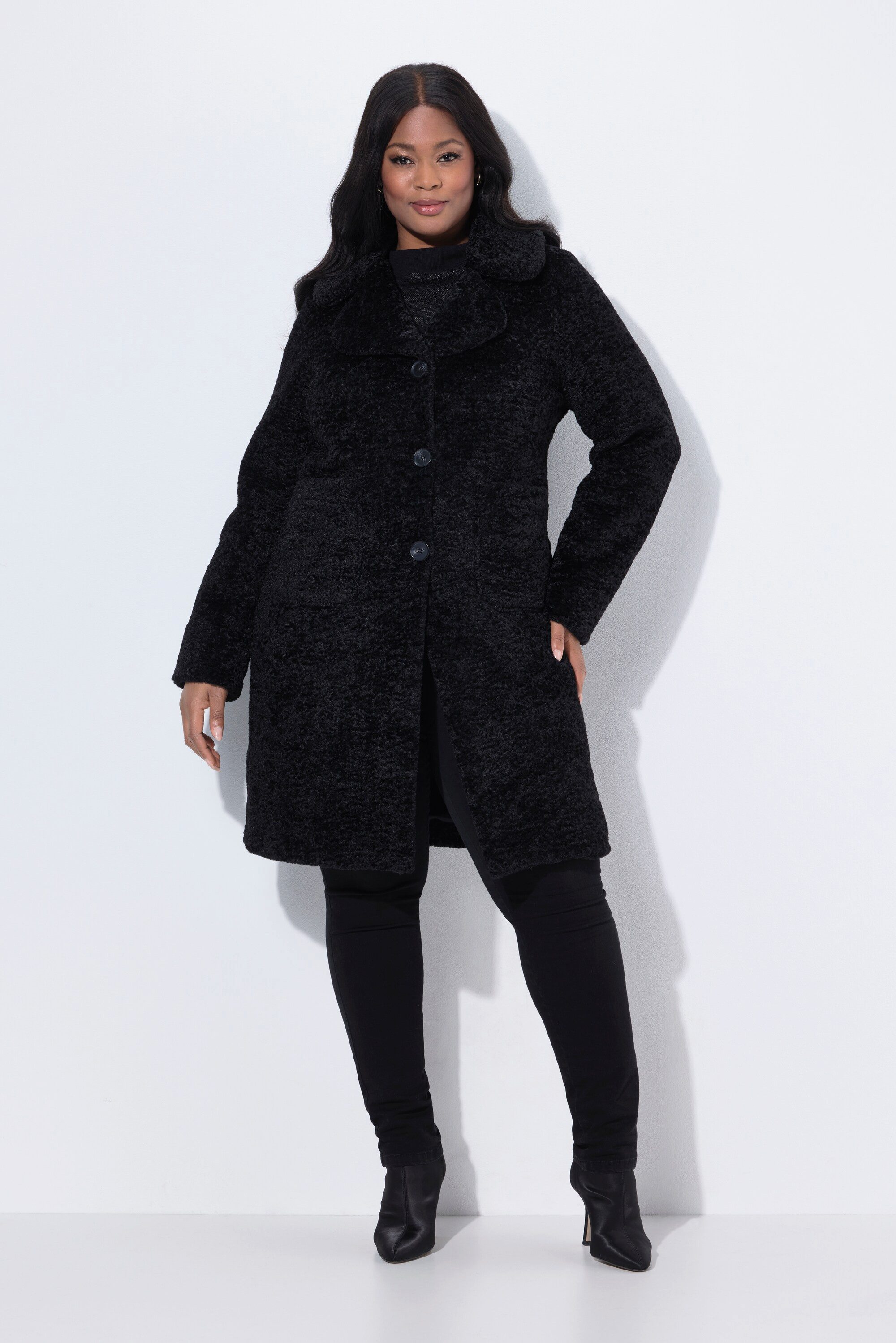 Ulla Popken Wintermantel Mantel Persianeroptik Kunstfellbesatz Reverskragen günstig online kaufen