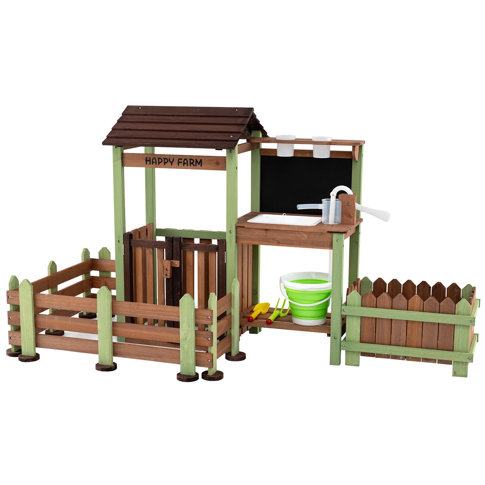 COSTWAY Outdoor-Spielküche Tannenholz, Kunststoff, Mit Pflanzkasten & 2 Blumentöpfen