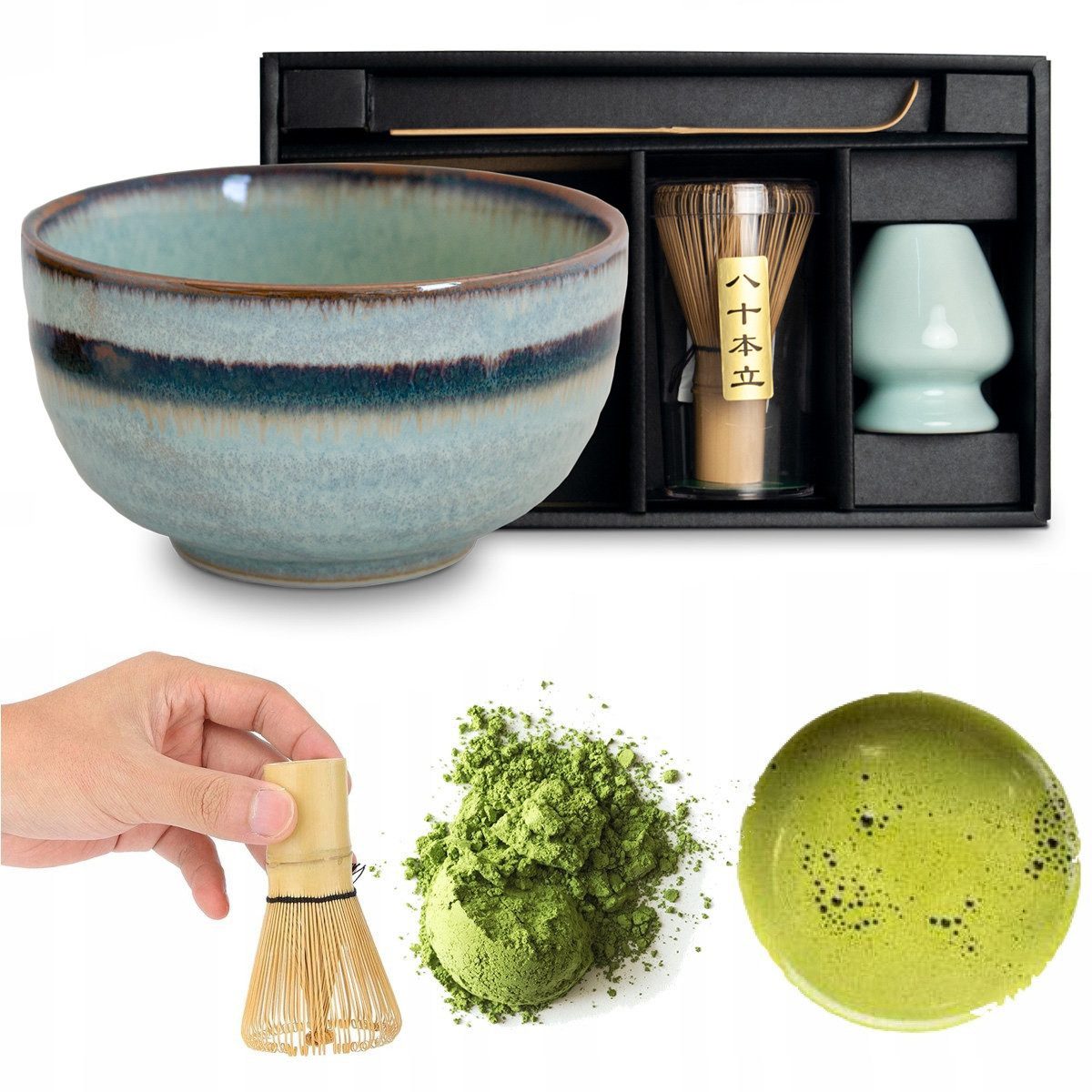 WestCraft Teeservice Matcha Set 4 tlg. Original japanische Matcha Schale mit Besen & Löffel (4-tlg), Bamboo, handgefertigt für eine authentische japanische Matcha & Tee-Zeremonie