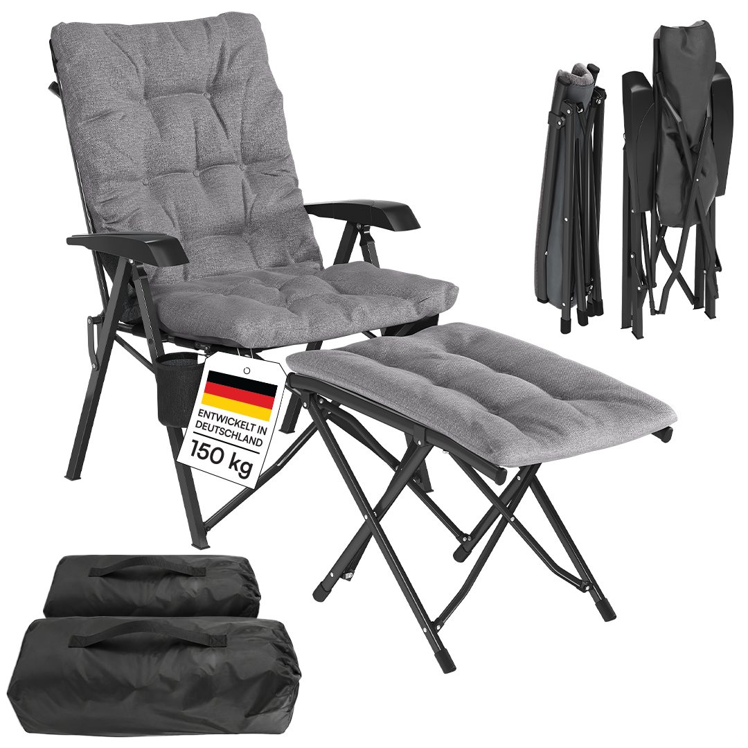 STEELSØN Campingstuhl Hoggar & Hocker, gepolsterter Klappstuhl mit Seitentasche (Set aus Campingstuhl & Hocker), mit Getränkehalter, bis bis 150 kg