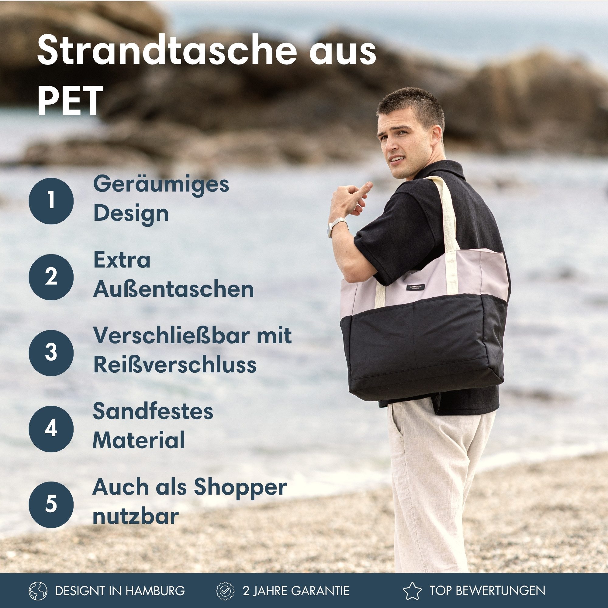 LARKSON Strandtasche Linn Strandtasche mit Reißverschluss (1-tlg), Große Beach Bag für Strand und Urlaub, Wasserabweisend