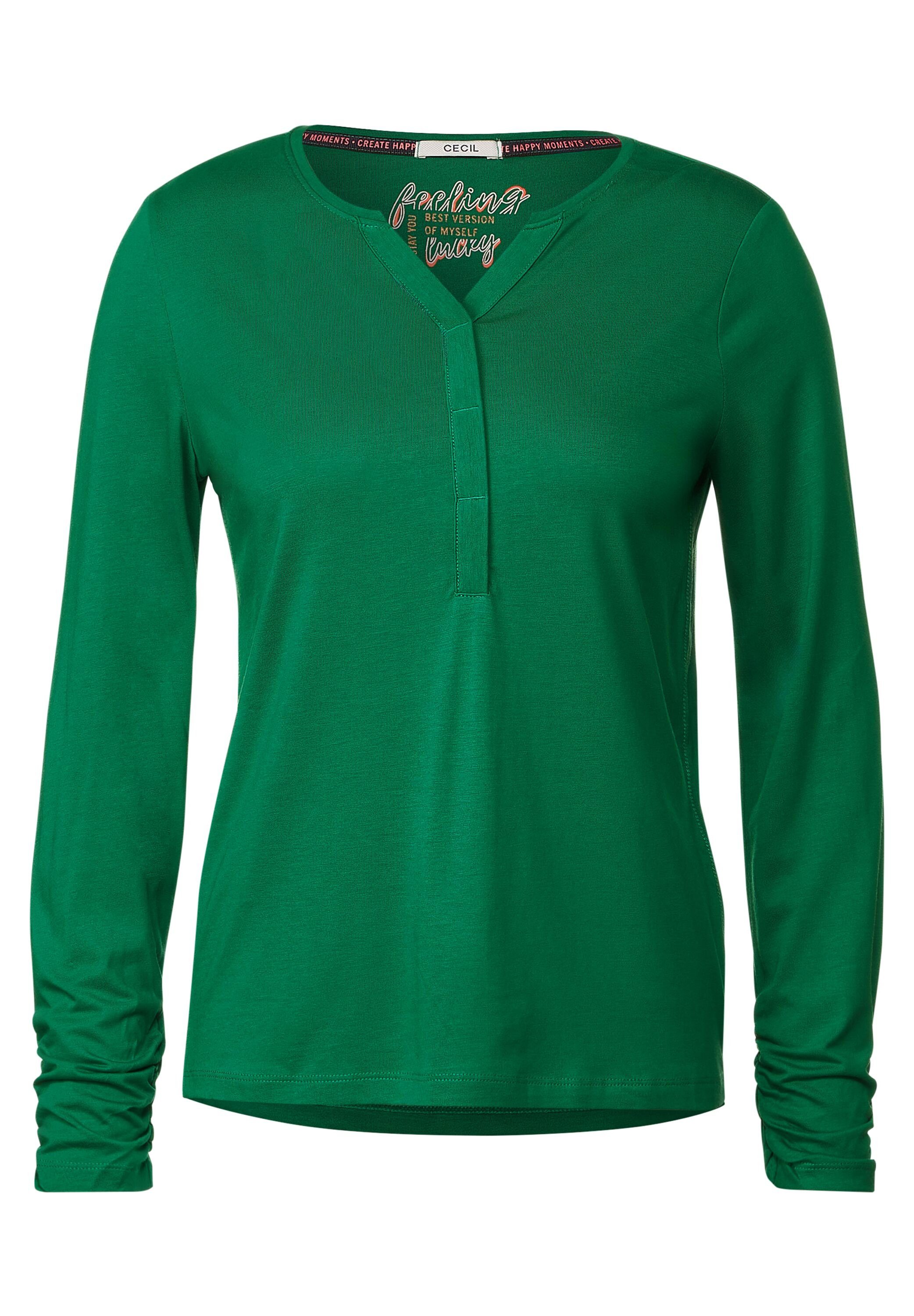 gerafften mit Rundhalsshirt green easy Ärmeln Cecil