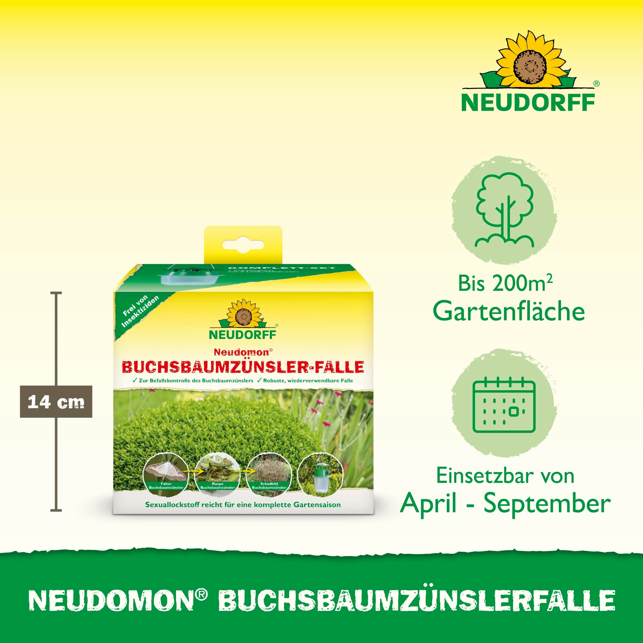 Neudorff Tierfallen-Köder Neudomon BuchsbaumzünslerFalle 1 Stk., nachfüllbare Zünslerfalle reicht für bis zu 200 m² - verhindert die Eiablage und dient zur Befallserkennung, robuste, wiederverwendbare Falle, ohne Insektizide