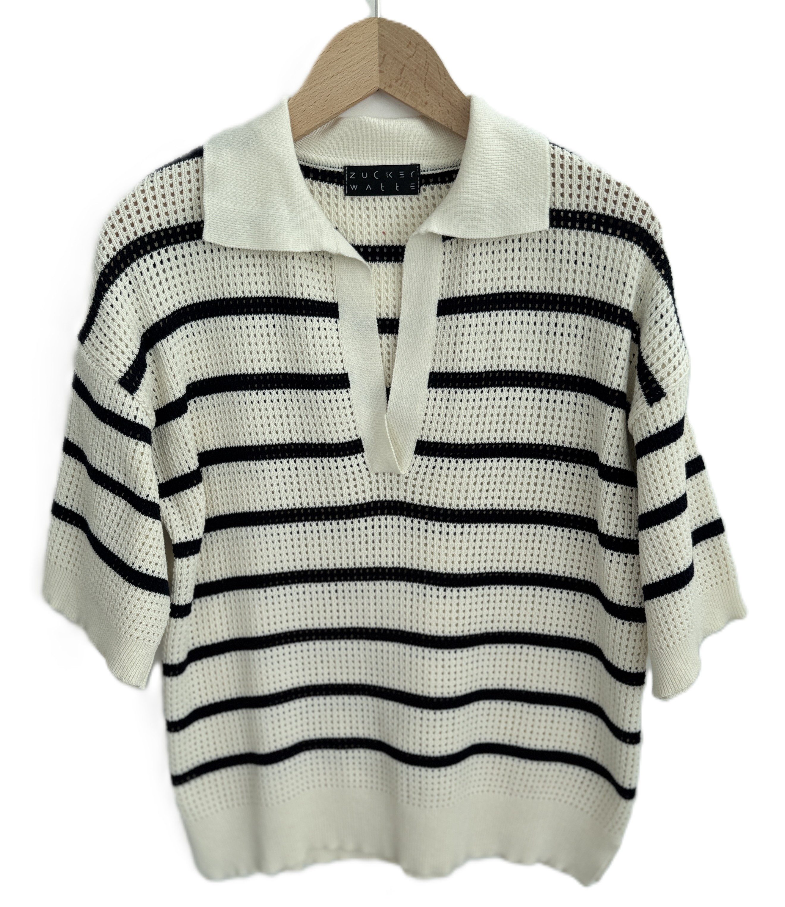 Zuckerwatte Polokragenpullover gestreifter V-Ausschnitt Pullover, Lochstric günstig online kaufen