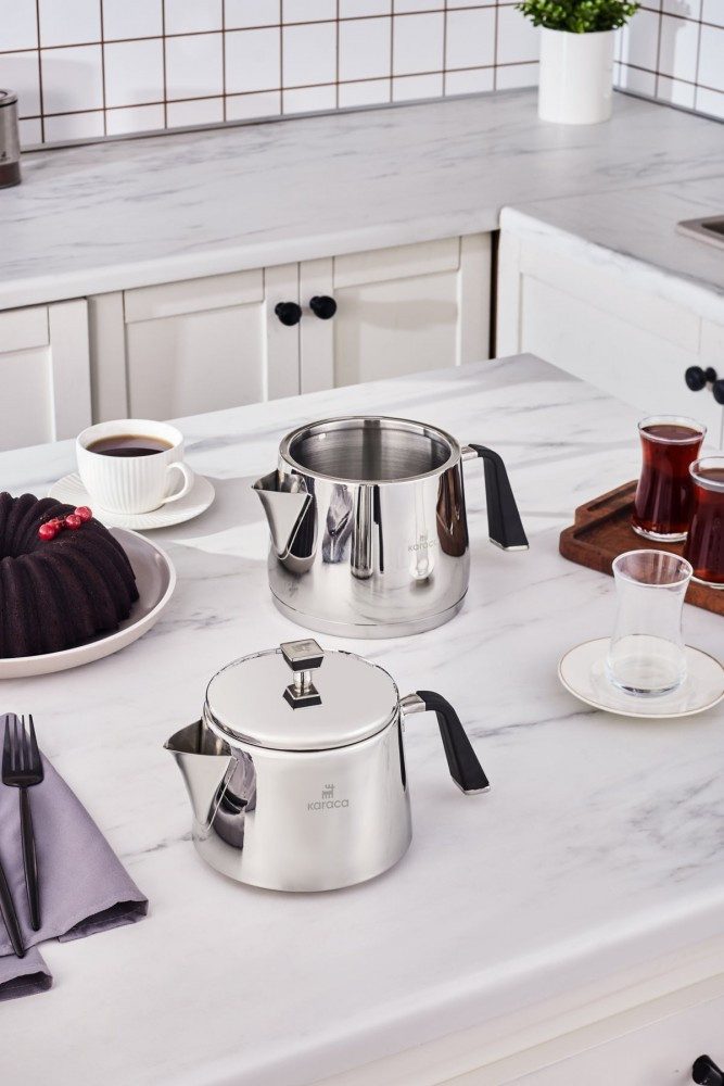 Karaca Teekanne Karaca Fiona Edelstahl Türkische Teekanne Induktiongeeignet Caydanlik, 3 l, (2-St)
