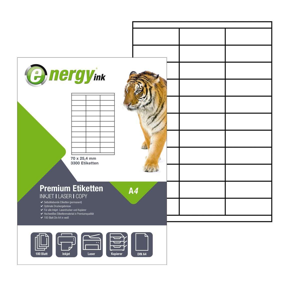 Energy-ink Etikettenpapier energy ink ET70x25,4, Etiketten 70x25,4 mm 100 Blatt 3300 Etiketten
