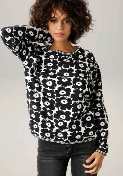 Aniston CASUAL Sweatshirt mit schwarz-weißen Blüten bedruckt - NEUE KOLLEKTION