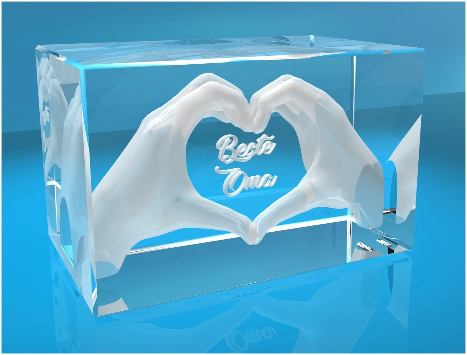 Dekofigur 3D Glasquader I Herz aus Händen mit Gravur I Text: Beste Oma!, Hochwertige Geschenkbox, Made in Germany, Familienbetrieb