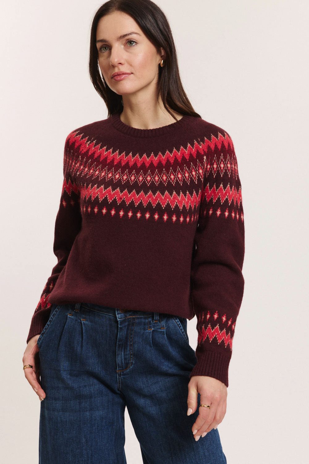 Tranquillo Rundhalspullover Damen AUREAA aus Lammwolle Passe im nordischen Jacquard-Design Strickpullover aus RWS-zertifizierte Schurwolle warm & atmungsaktiv