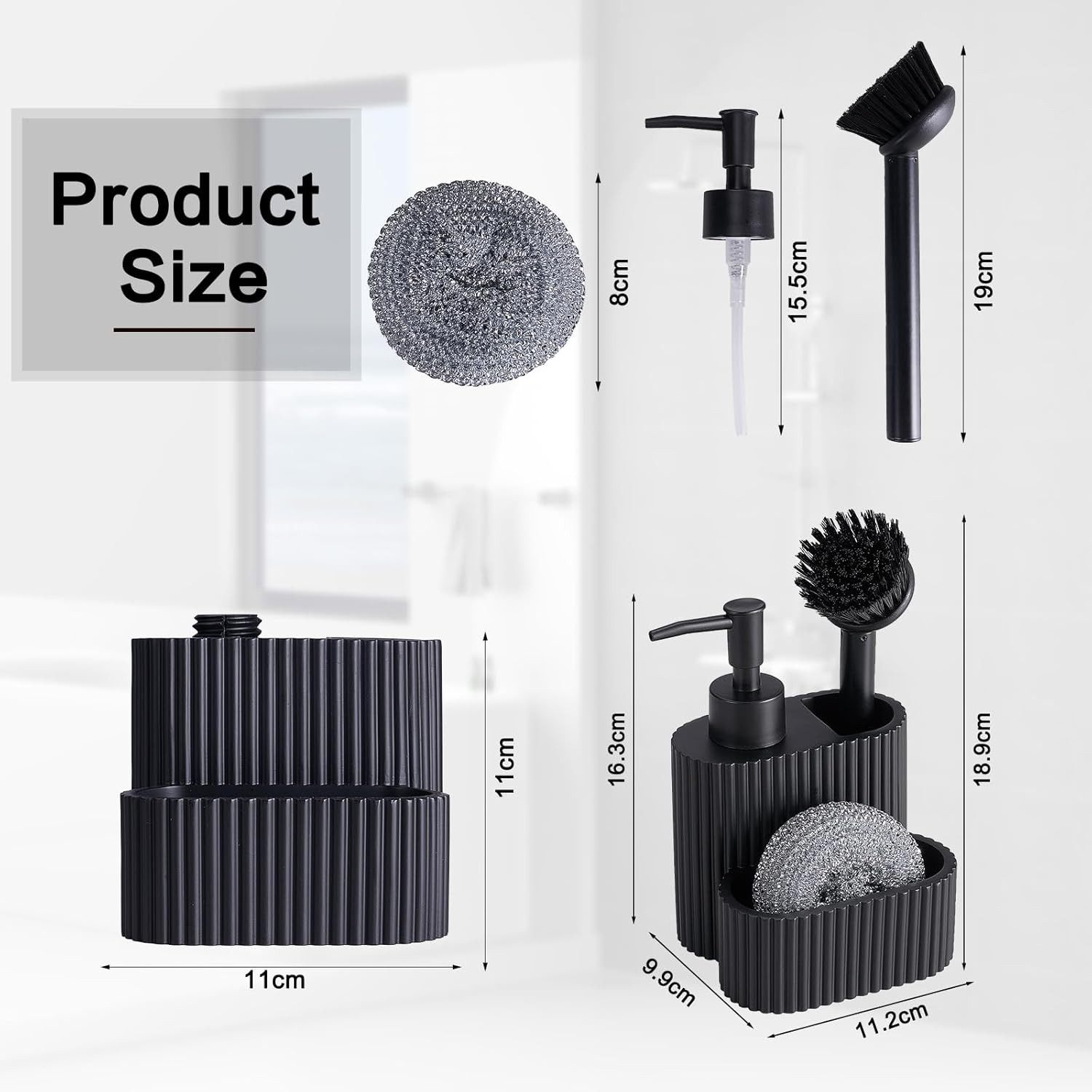 FELIXLEO Küchenorganizer-Set Spülbecken Organizer 3-teilig Schwarz mit Seifenspender Spülbürste., (1-tlg) – Bild 2 von 5
