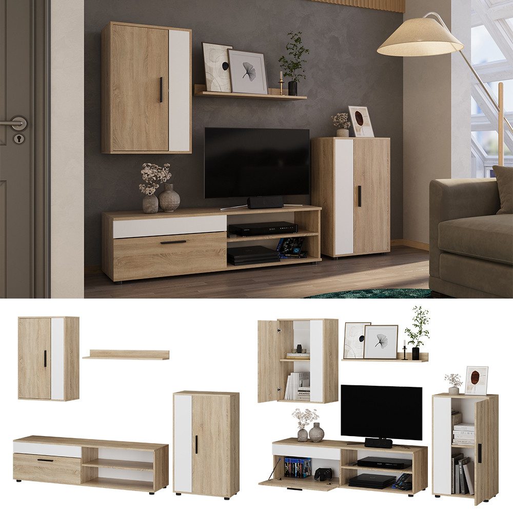 Vicco Wohnwand Berno, Sonoma/Weiß, Set, 4 Teile, (4-St)