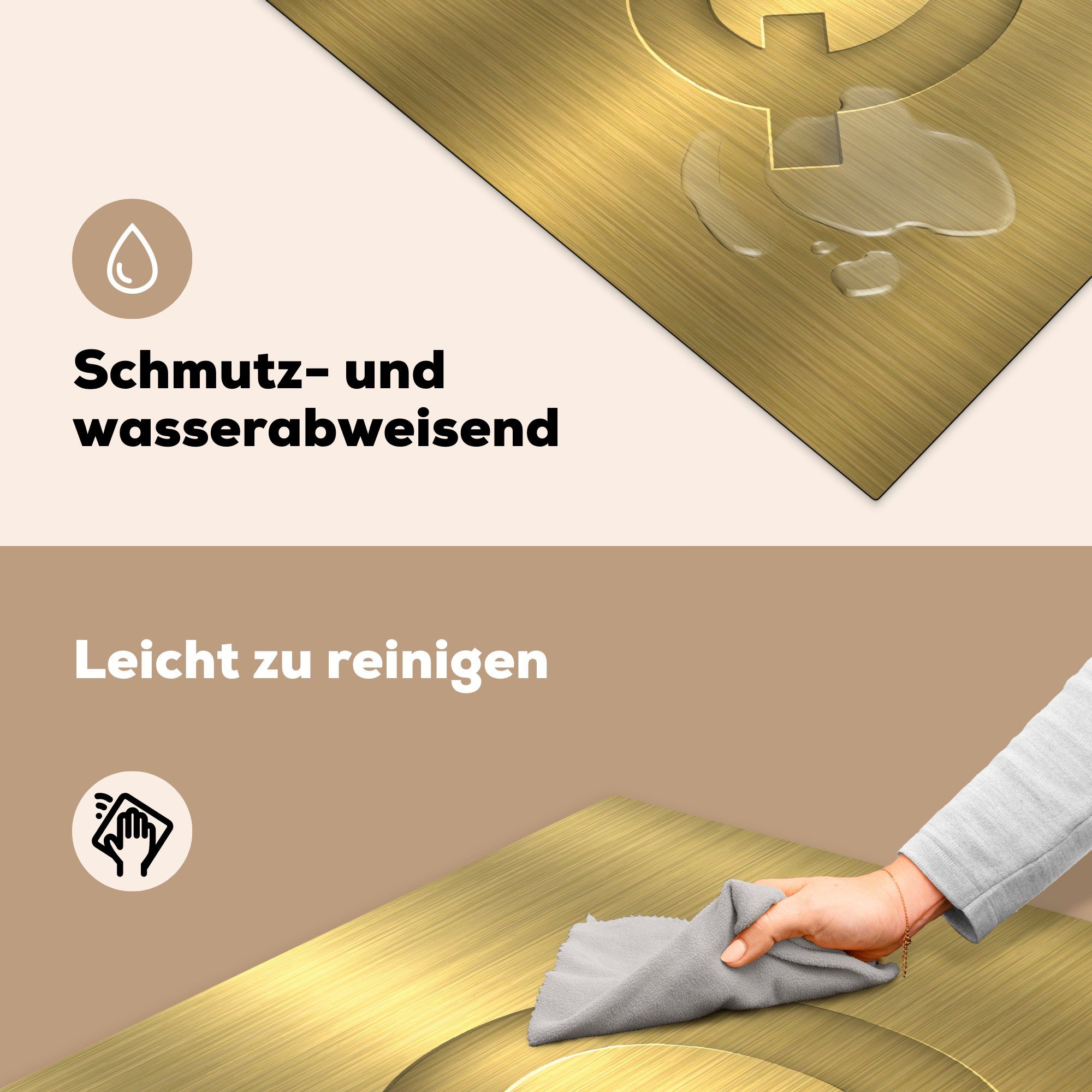 (1 78x78 Herdblende-/Abdeckplatte Arbeitsplatte Q, des tlg), Vinyl, Eine Ceranfeldabdeckung, küche MuchoWow Buchstabens für Illustration goldenen cm,