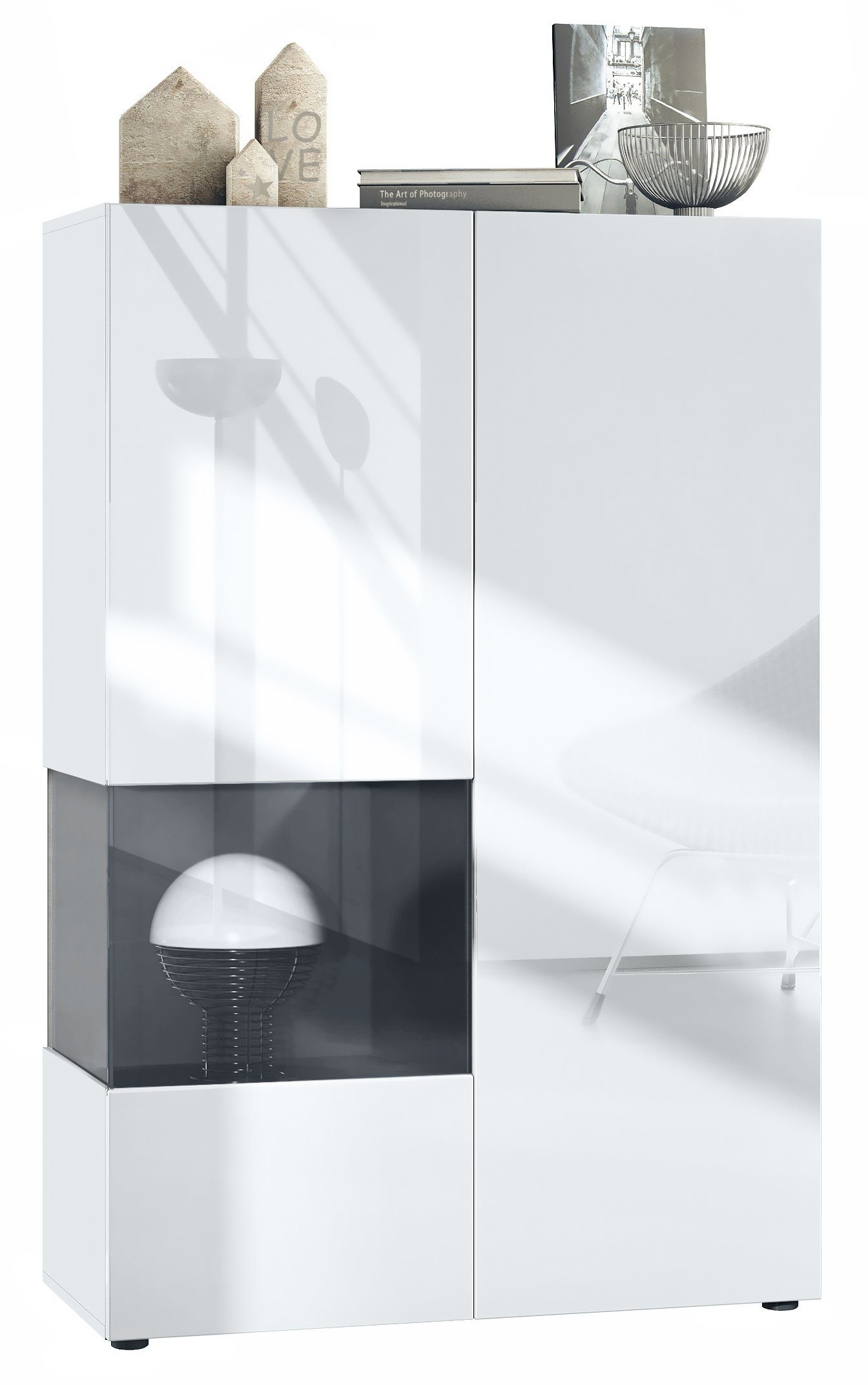 Vladon Standvitrine Morena V2 (Standvitrine, mit 2 Türen und Glaseinsatz) Weiß matt/Weiß Hochglanz/Schwarz matt (91,5 x 136,5 x 37 cm) Einsatz in Schwarz matt