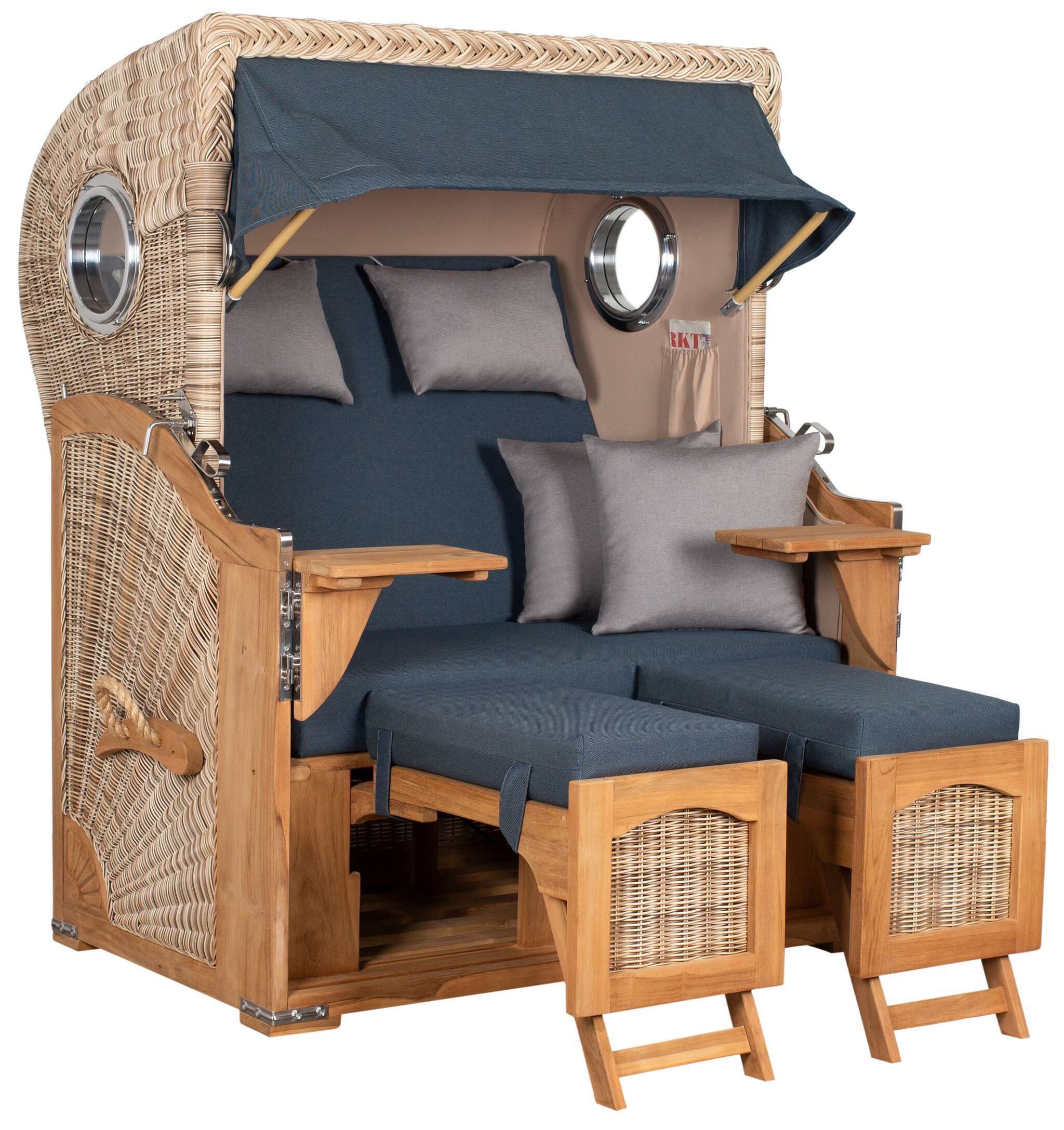MR.DEKO Strandkorb 2-Sitzer Düne Teak PE Shell Bullauge 125x80x170cm, BxTxH: 125x80x170 cm, Volllieger, Düne, (Fertig montierter Strandkorb für Garten, Terrasse & Balkon), Wetterfester Volllieger mit Edelstahlbeschlägen & waschbaren Polstern