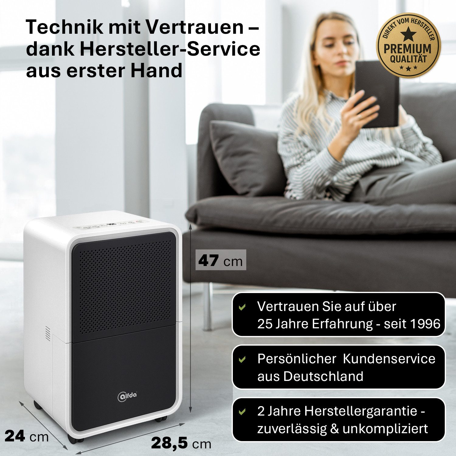 alfda Luftentfeuchter AEF1200, für 62 m³ Räume, Entfeuchtung 12,00 l/Tag, Tank 2,50 l, Automatikprogramm, bis 25 m², Drainageanschluss, gegen Feuchtigkeit