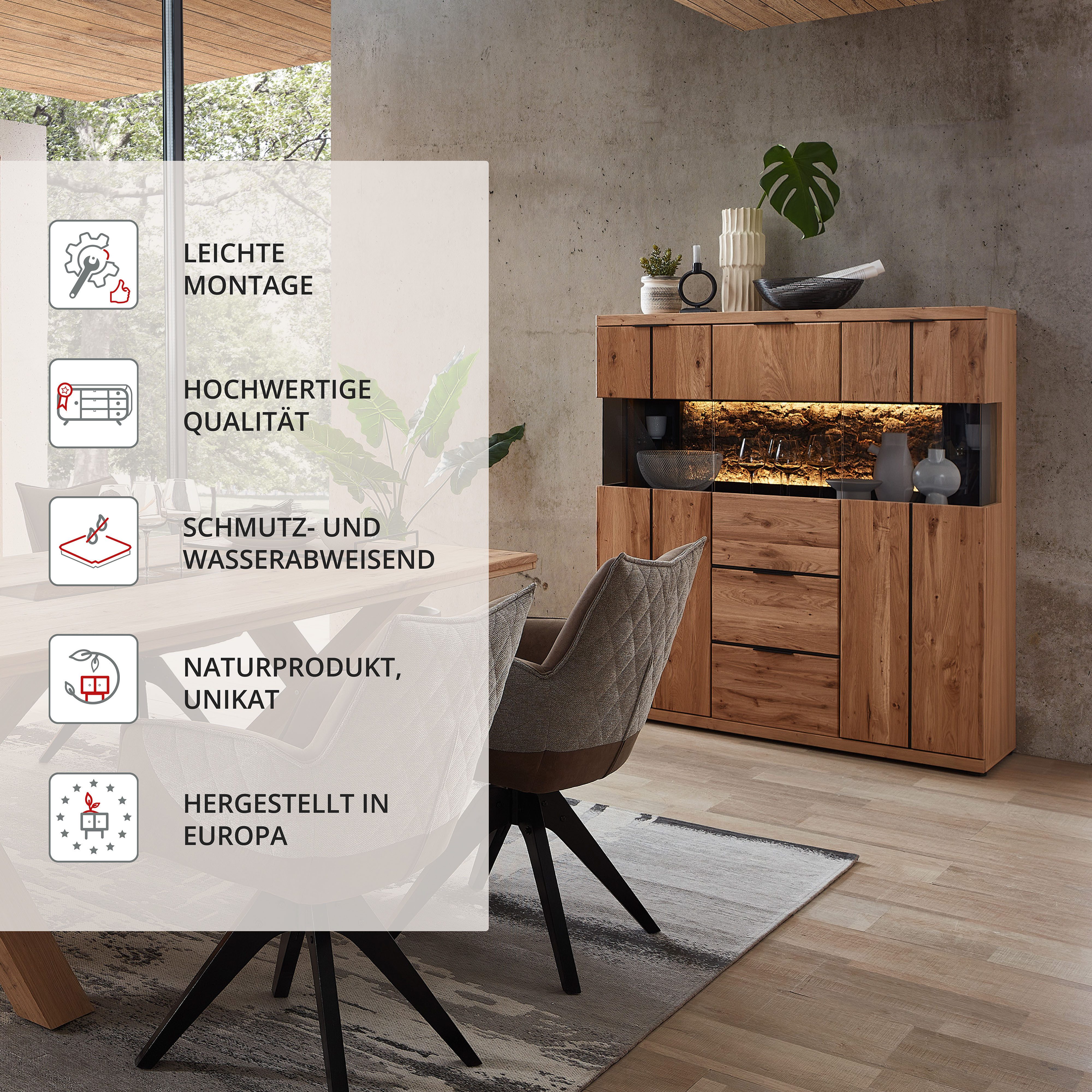 Wohnconcept Highboard Donna Highboard, 122x144x42 (BxHxT) (1 St), Beleuchtung optional bestellbar, 3 türig, 2 Schubkasten, Softclose