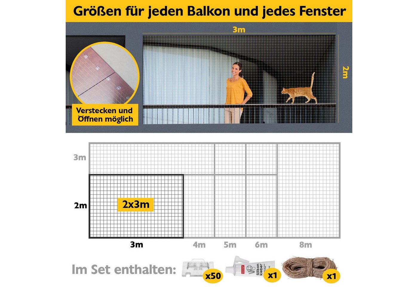 Thumbnail - KONZEPT Schutznetz Katzennetz für Balkon Ohne Bohren Set, BxL: 2x3 m, (Komplett-Set, Netz, Klebehaken, Kleber), Maschenw...