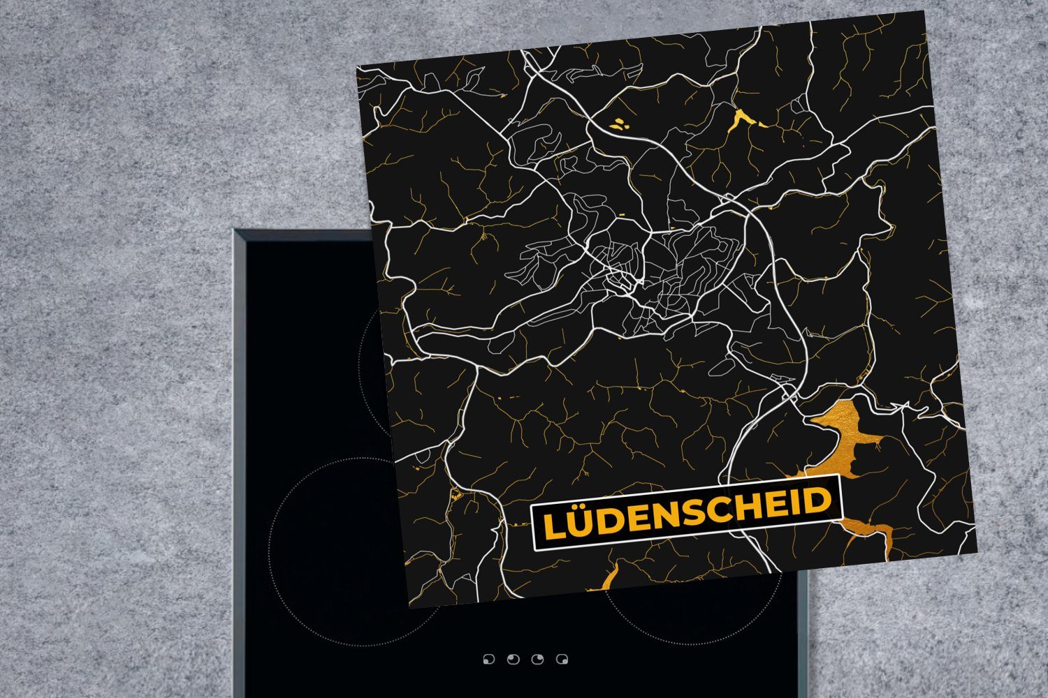 MuchoWow Herdblende-/Abdeckplatte Stadtplan - Karte 78x78 - - cm, Deutschland Karte, für - Arbeitsplatte Ceranfeldabdeckung, Lüdenscheid - Gold tlg), küche Vinyl, (1