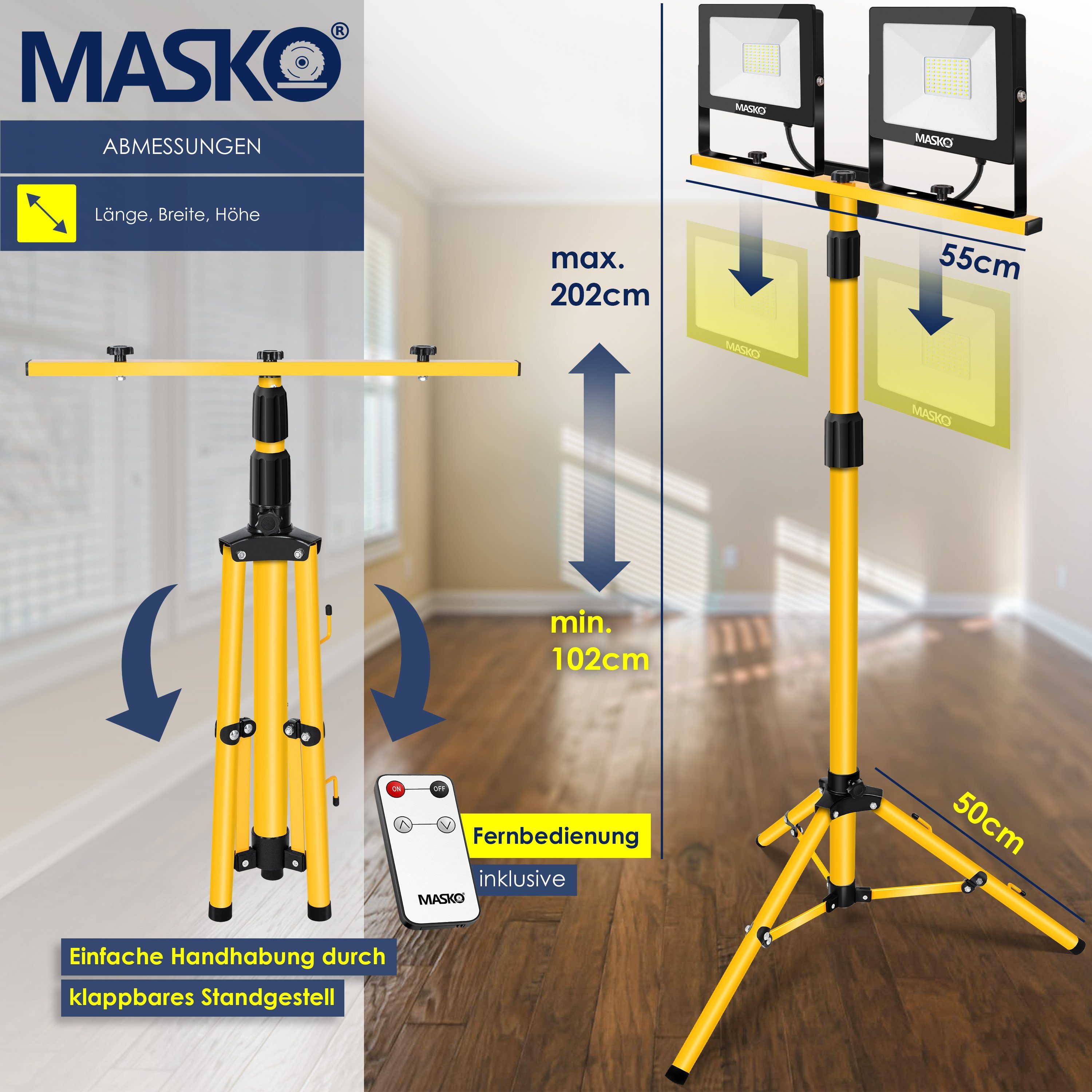 MASKO integriert, Doppel Fernbedienung 50W Stativ LED 2x gelb fest mit 100W Baustrahler, LED Baustrahler LED