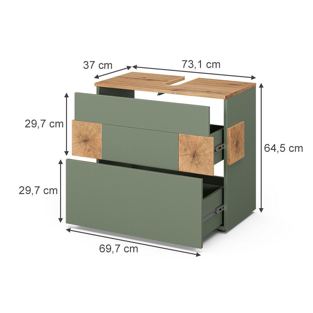 Vicco Waschbeckenunterschrank Eden, Grün/Artisan, 70 x 64.5 cm mit 2 Schubladen (1-St) – Bild 2 von 5