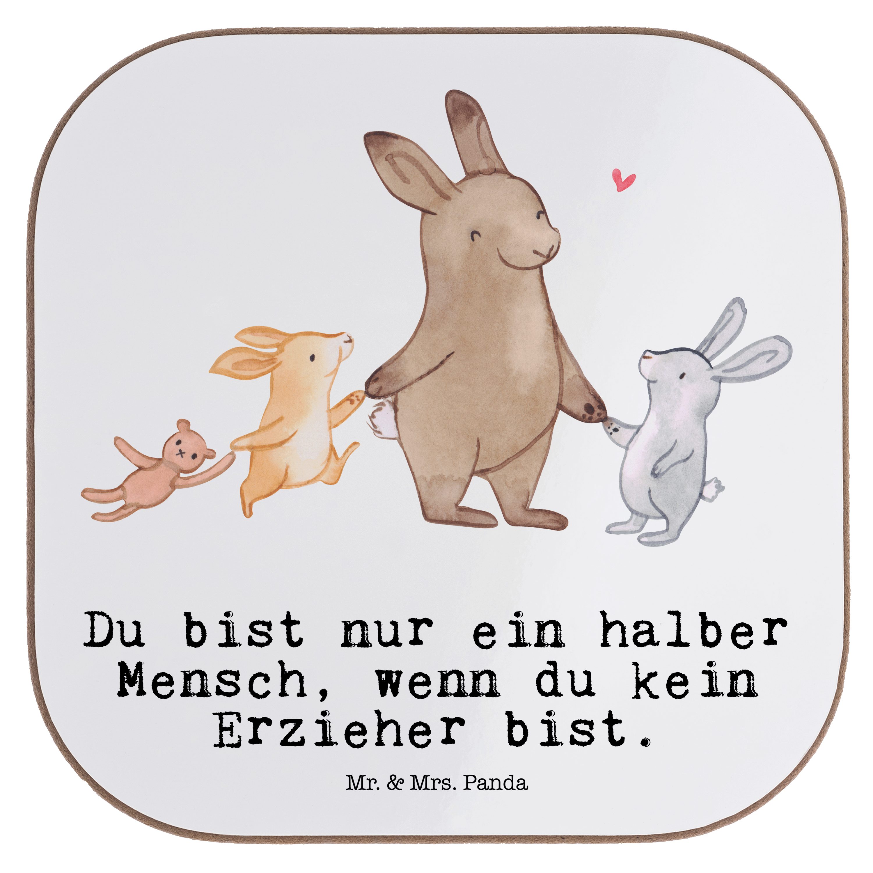 Mr. & Mrs. Panda Getränkeuntersetzer Erzieher mit Herz - Weiß - Geschenk, Dankeschön, Kindergärtner, Arbei, 1-tlg.