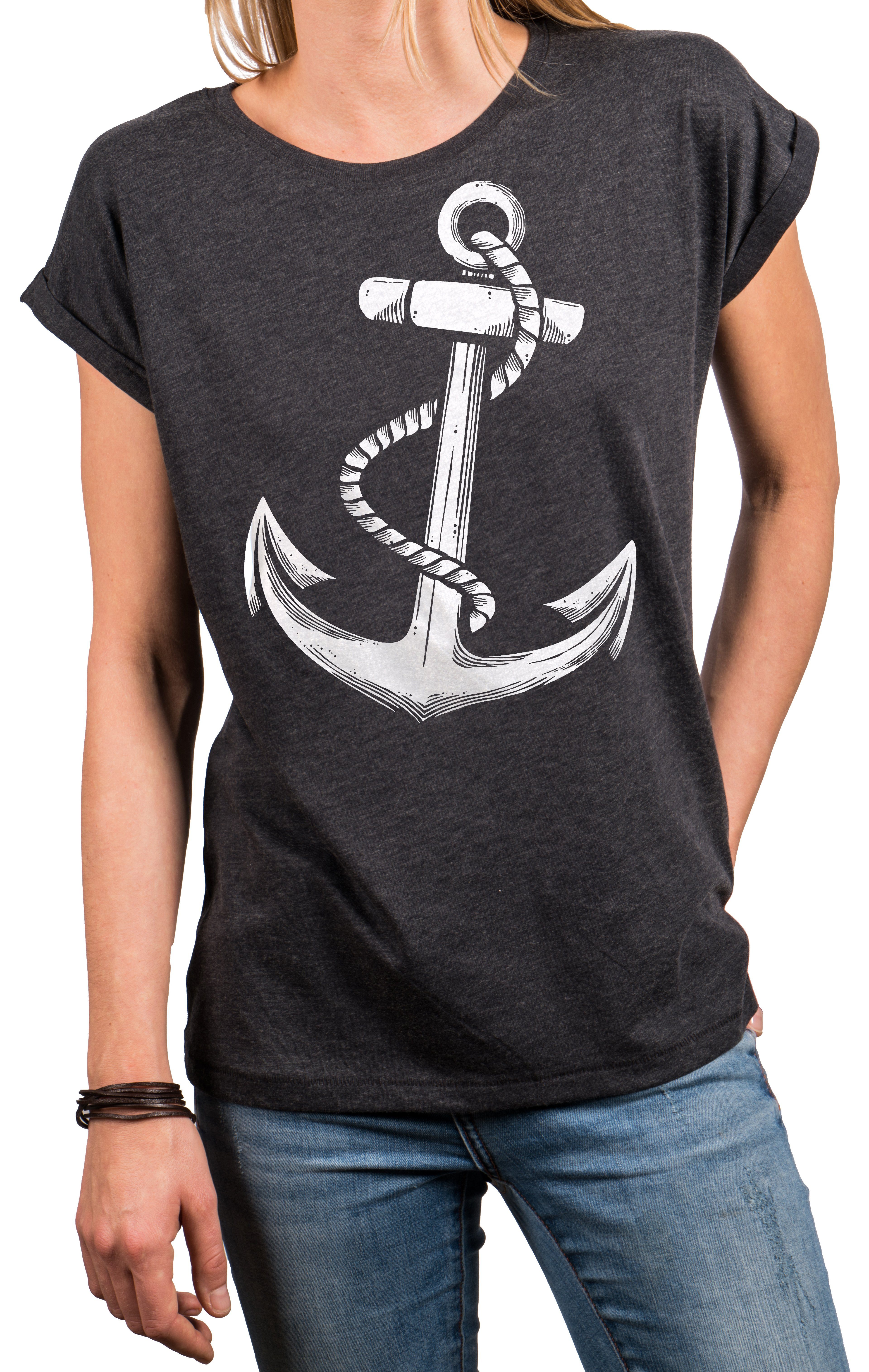 MAKAYA Print-Shirt Damen Anker Motiv Sommer Top Maritime Frauen Oberteile Tunika (Kurzarm, Rundhals, blau, grau, rosa, schwarz) aus Baumwolle