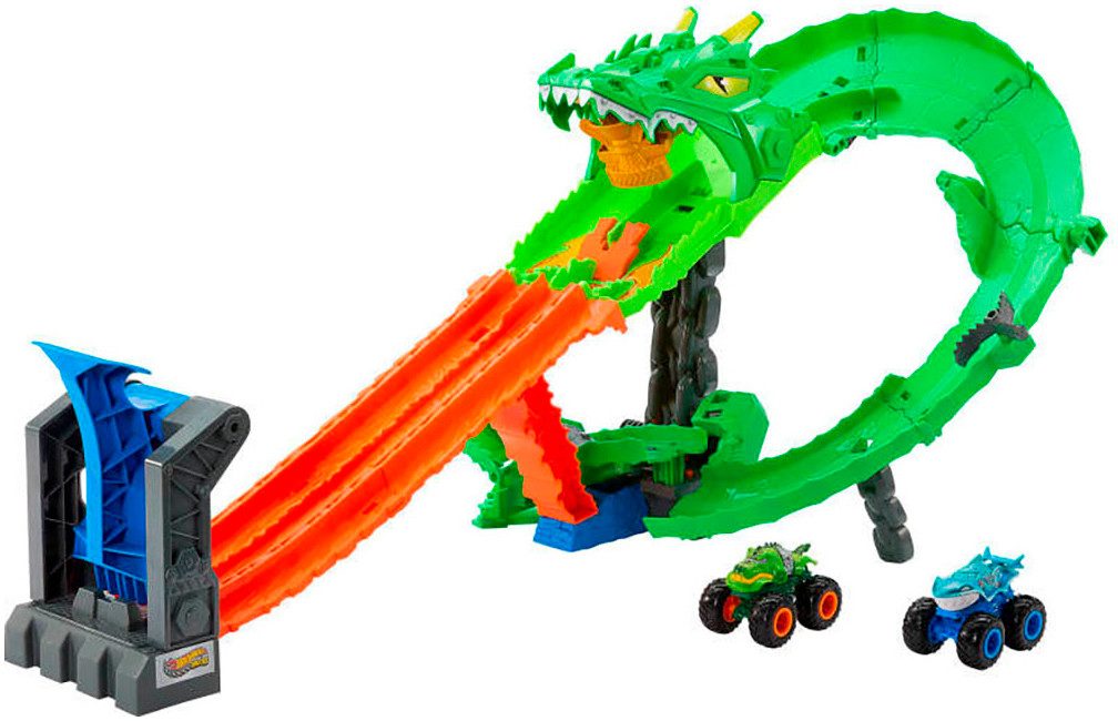 Hot Wheels Autorennbahn Hot Wheels Monster Trucks Drachenangriff, inklusive 2 Spielzeugtrucks