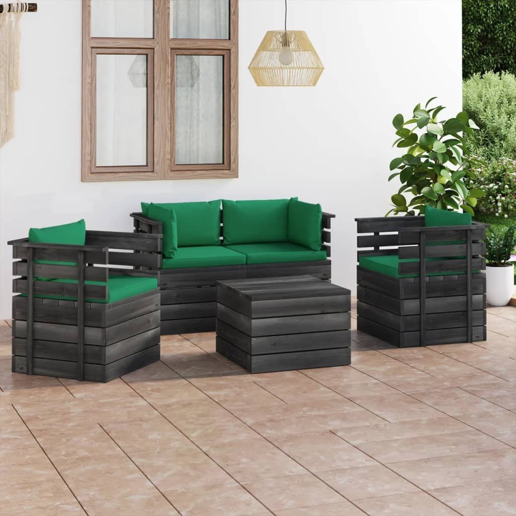 vidaXL Garten-Sofagarnitur 5-tlg. Grün (5-tlg) Gartenlounge-Set aus Paletten Kissen mit Kiefernholz,
