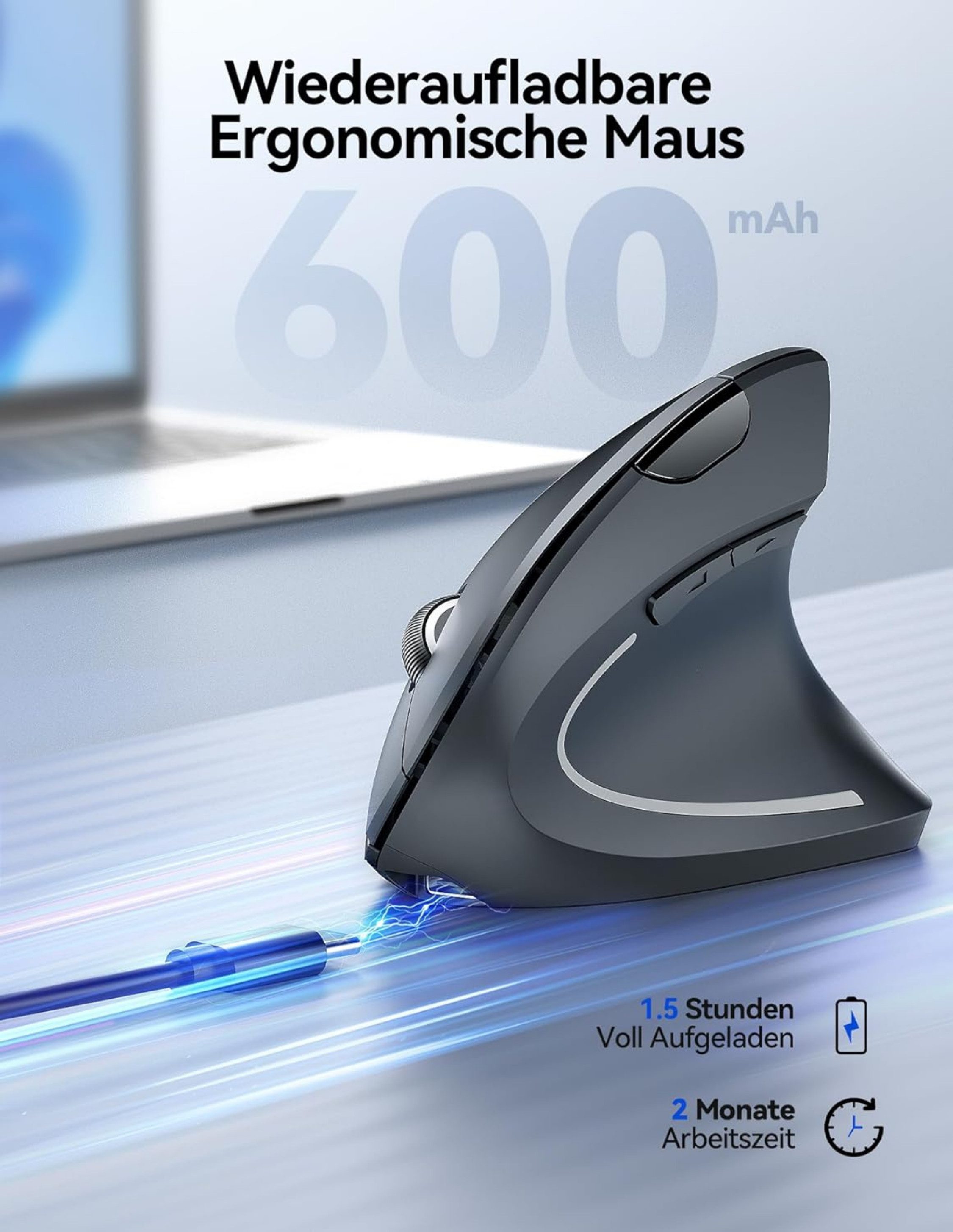 RUHE Ergonomische Maus Kabellose Bluetooth Vertikale Maus Optisch Leise RGB ergonomische Maus (Bluetooth, Funk, kabelgebunden, 2.5G, USB-Dongel, Kabelgebundenes Aufladen, Drahtlos, Optische Maus, Büro, 2400 dpi, Einstellbar DPI Schwarz Weiß Grau 6 Tasten für Laptop/PC/Mac/Computer)
