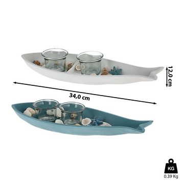 CEPEWA Dekotablett Tablett Fischform 2er Set Kerzenhalter MDF Glas weiß blau 34x12cm