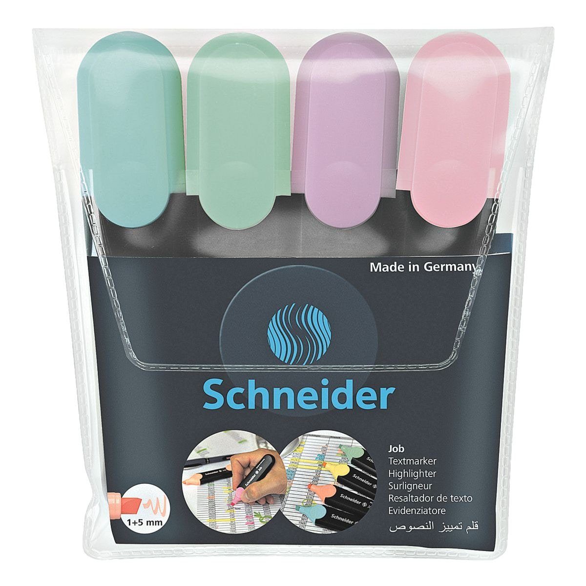 Schneider Marker Job Pastell, im flieder, mint, türkis, Kunststoffetui (4-tlg), in Textmarker Pastellfarben, rosé