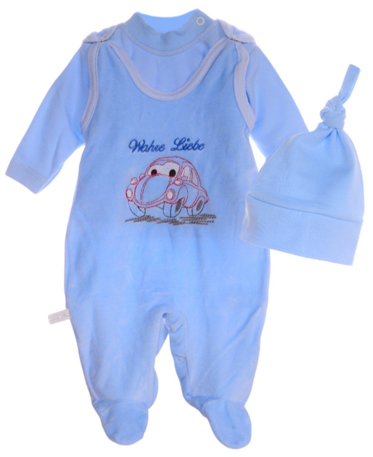 La Bortini Strampler, Jäckchen & Mütze Baby Anzug 3tlg Stramplerhose Langarmshirt Knotenmütze in Blau aus weichem Velours mit Auto, 50 56 62 68 74