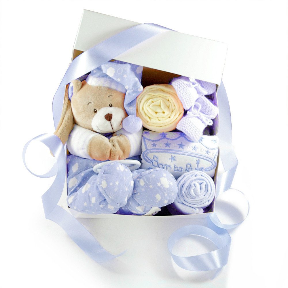 dubistda-WINDELTORTEN- Neugeborenen-Geschenkset Geschenkbox zur Geburt Spieluhr TEDDY, Geschenk Babyparty Babyshower