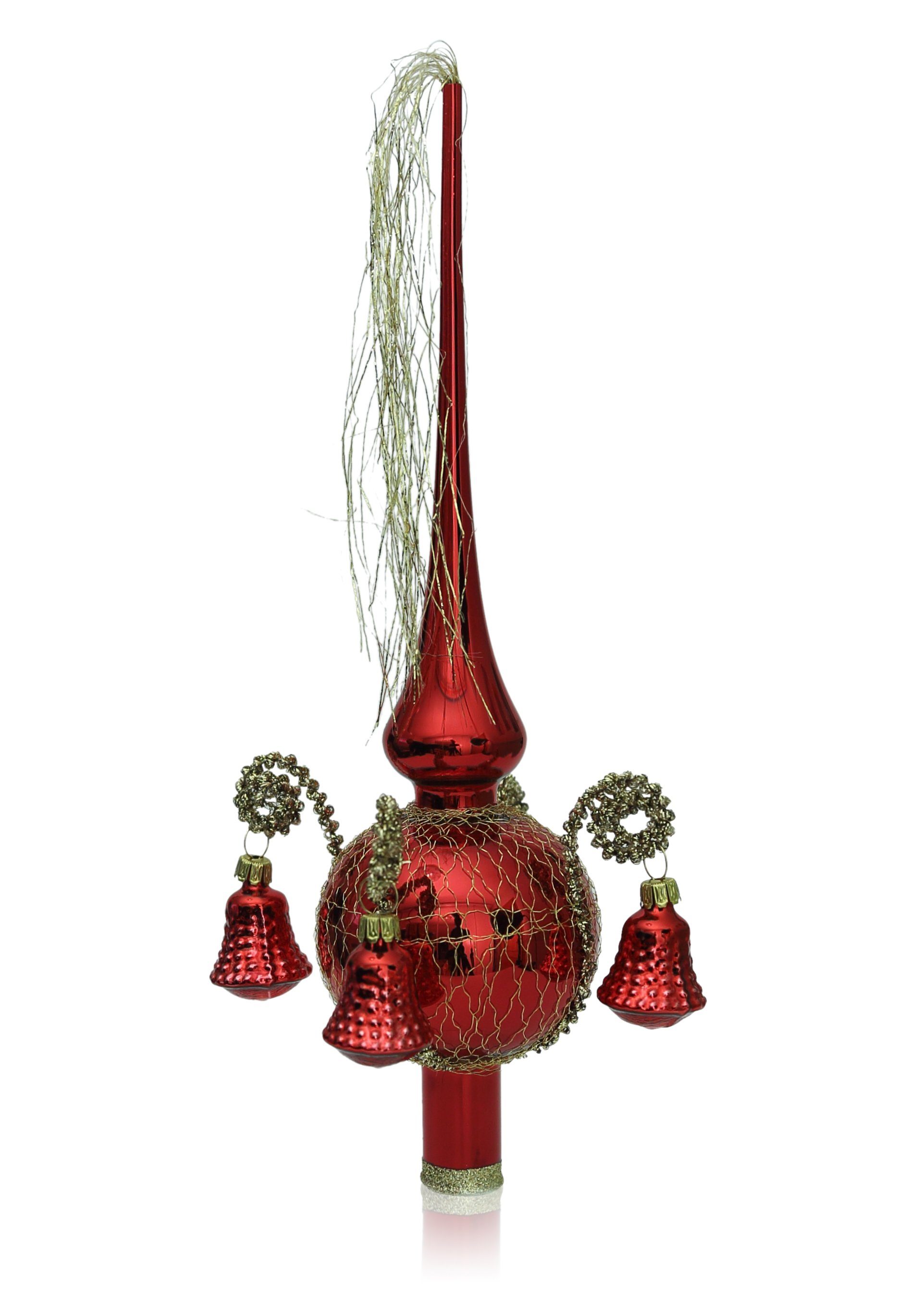 Lauschaer Glas Christbaumspitze Weihnachtsbaumspitze mit Formglöckchen, umsponnen mit Leonischem Draht, mundgeblasen, handdekoriert, handbemalt, in Lauscha hergestellt rot glanz