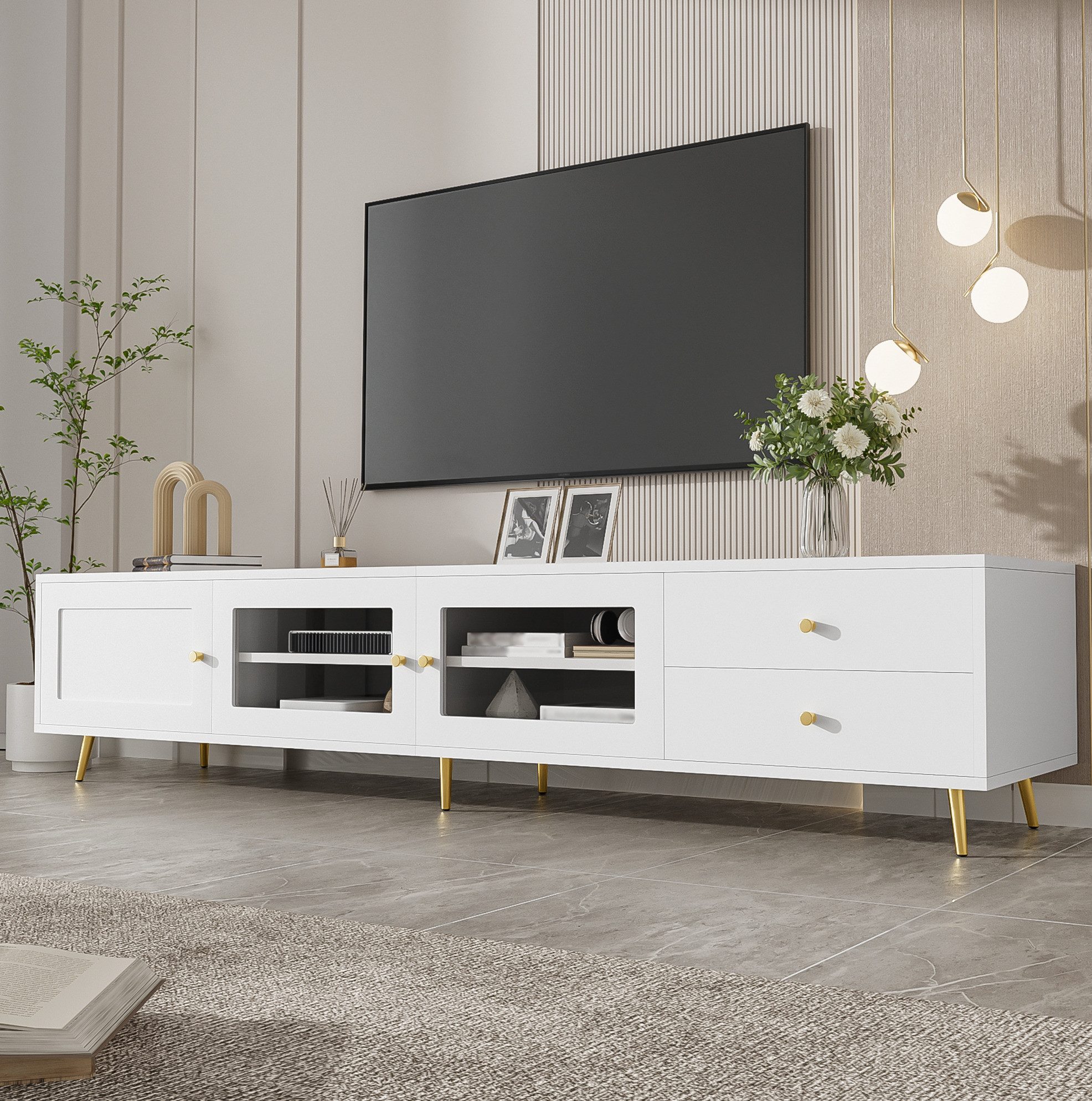 OKWISH TV-Schrank Lowboard, Fernsehschrank (mit 2 Schubladen und Glastüren, 170×40×28 cm, TV-Sideboard mit verstellbaren Einlegeböden, viel Stauraum und Metallgriffen, Fernsehtisch)
