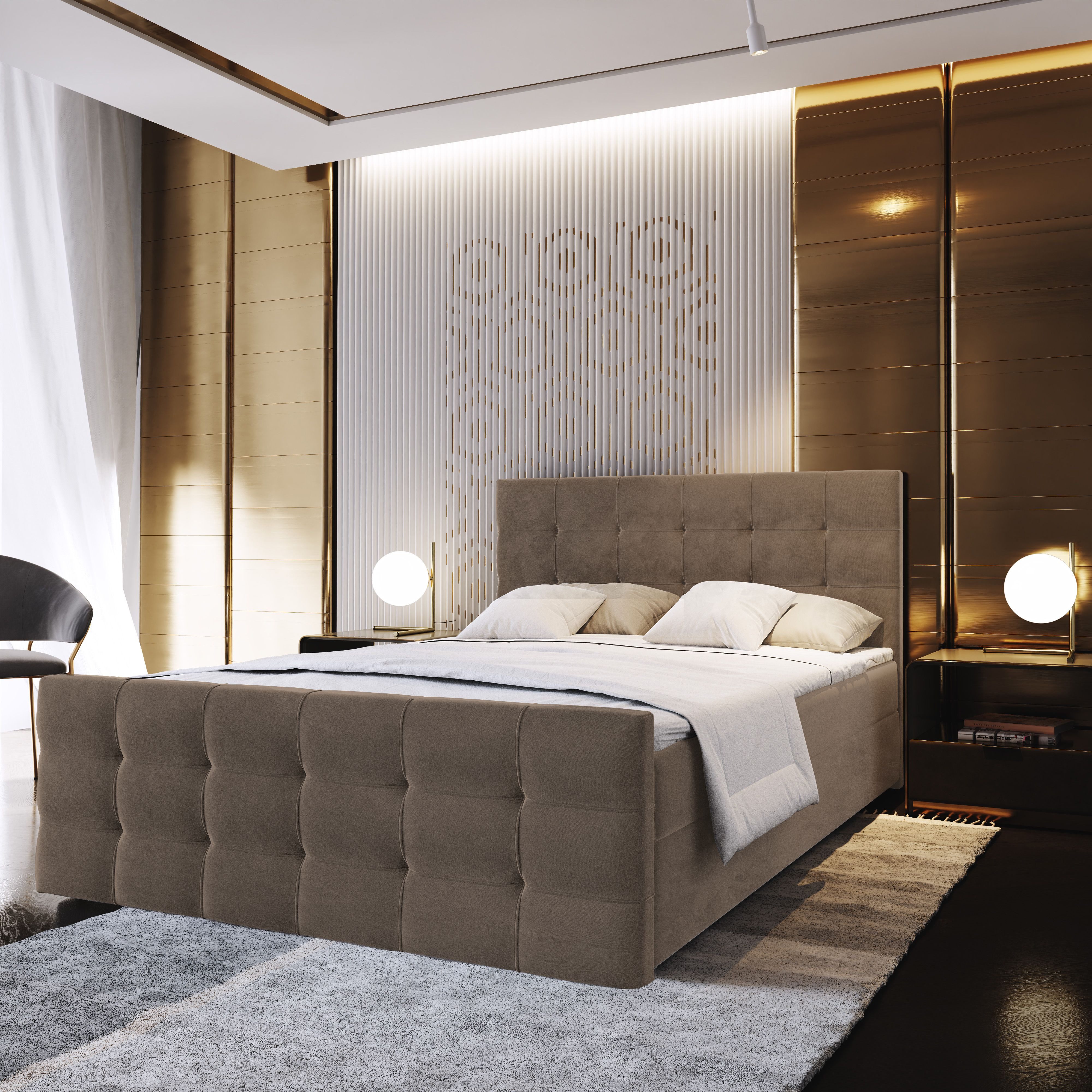 Masseno Boxbett AMON 160x200 cm mit Bonell Matratze und Topper, Doppelbett, Polsterbett mit Kopfteil, Boxspringbett