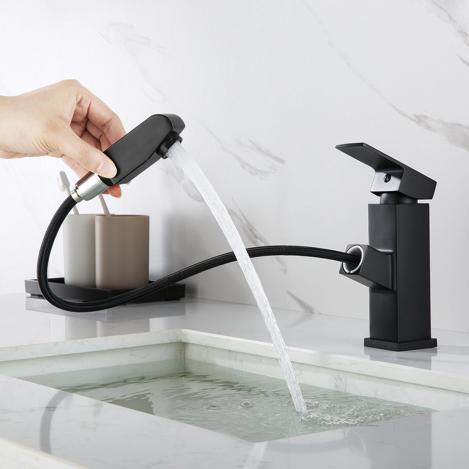 AuraLum pro Waschtischarmatur Badarmatur Waschbecken Wasserhahn mit Ausziehbar Brause Schwarz