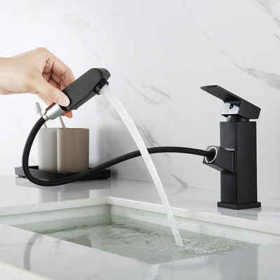 Auralum Waschtischarmatur Badarmatur Waschbecken Wasserhahn mit Ausziehbar Brause Schwarz